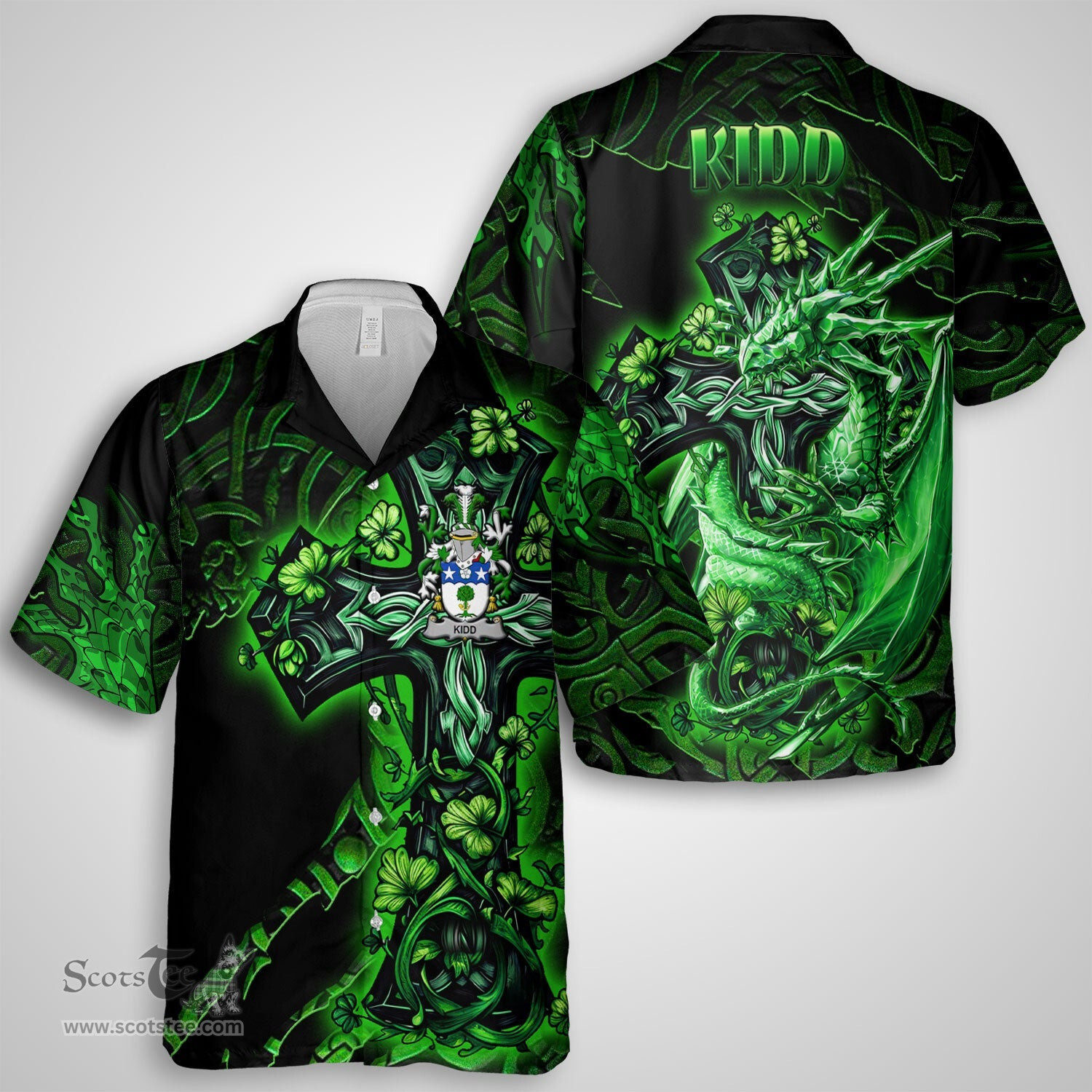 ScotsTee Shop Irish Kidd Coat of Arms Irish Shirt Family Crest Celtic Cross And Dragon Short Sleeve Shirt