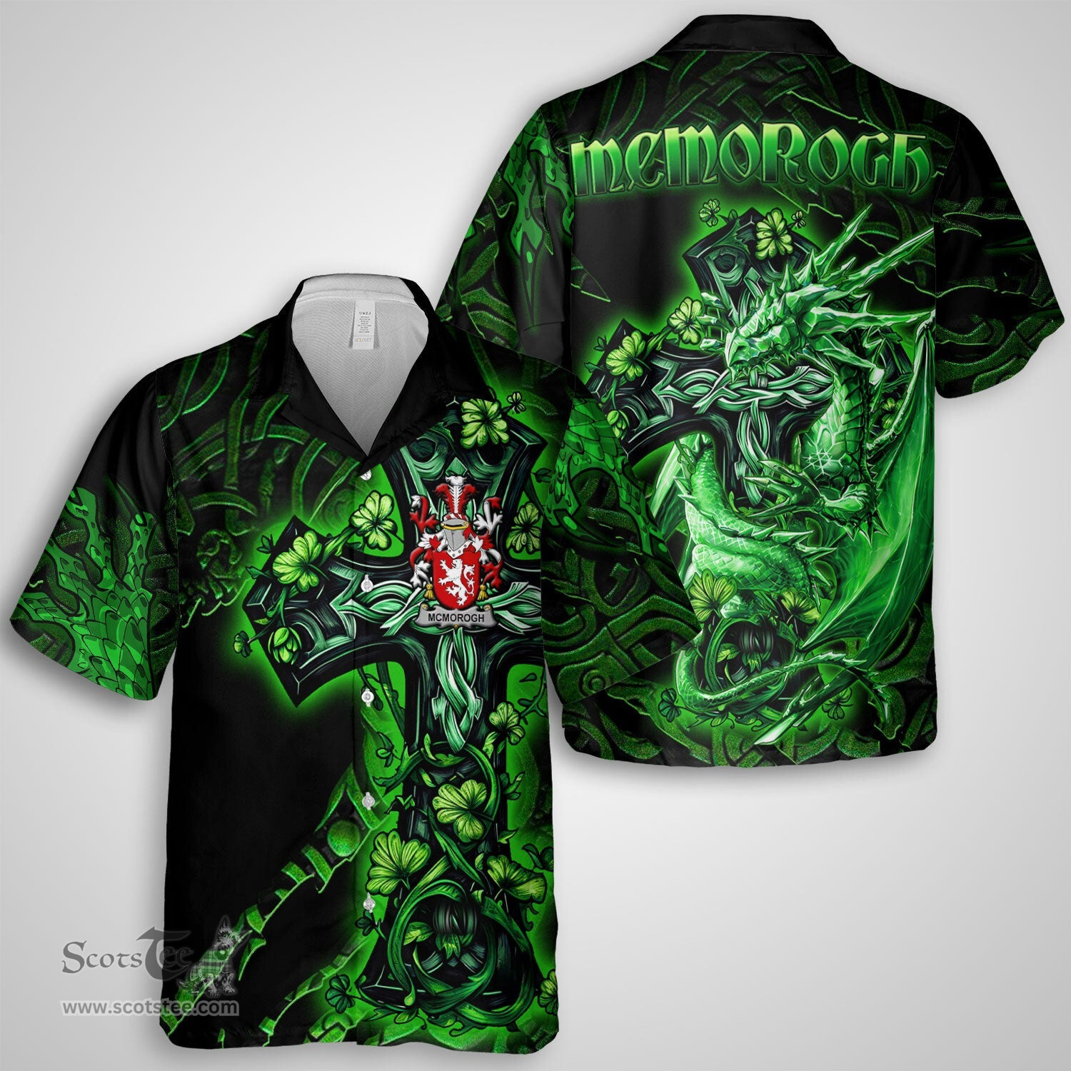 ScotsTee Shop Irish McMorogh or McMorrow Coat of Arms Irish Shirt Family Crest Celtic Cross And Dragon Short Sleeve Shirt
