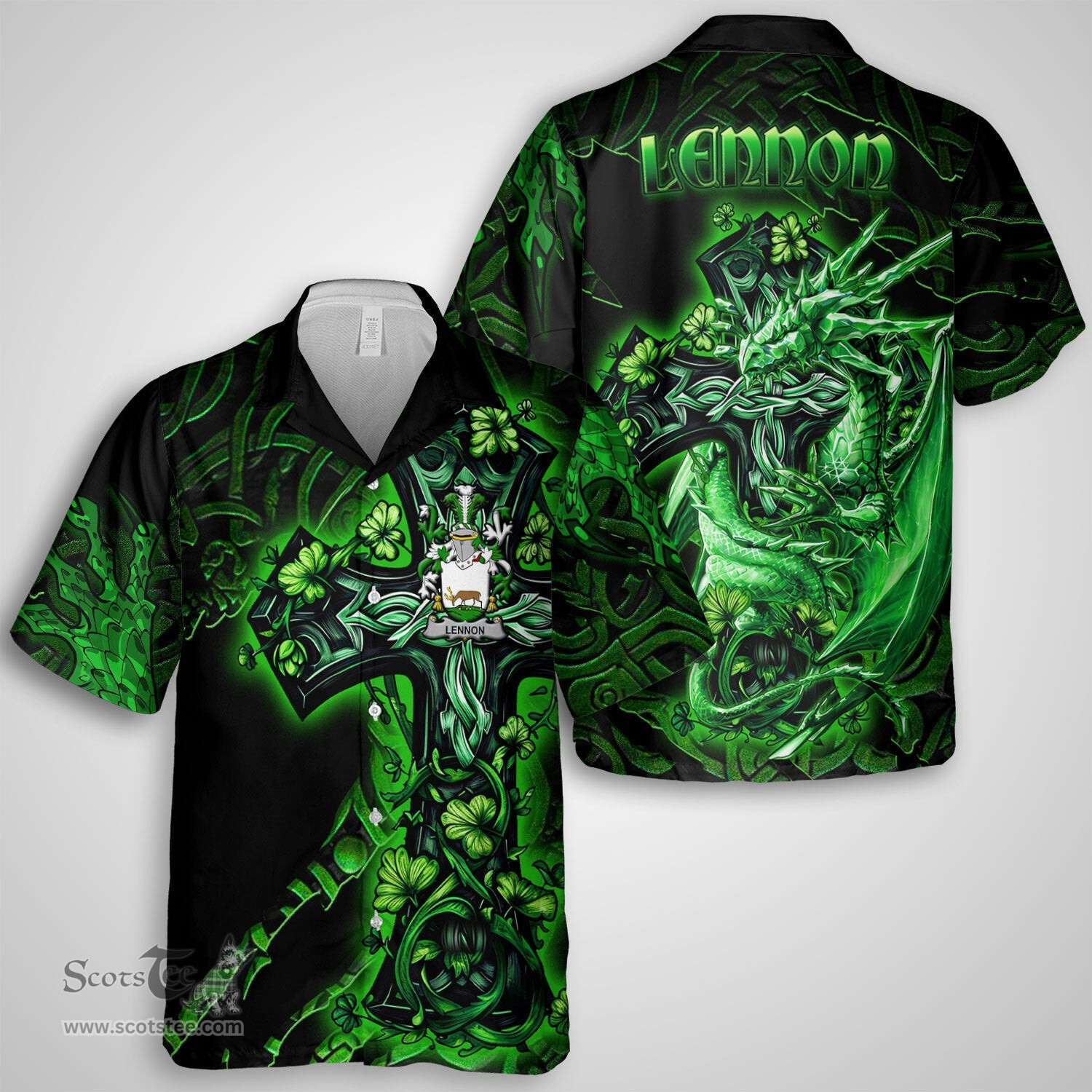 ScotsTee Shop Irish Lennon or O Lennon Coat of Arms Irish Shirt Family Crest Celtic Cross And Dragon Short Sleeve Shirt