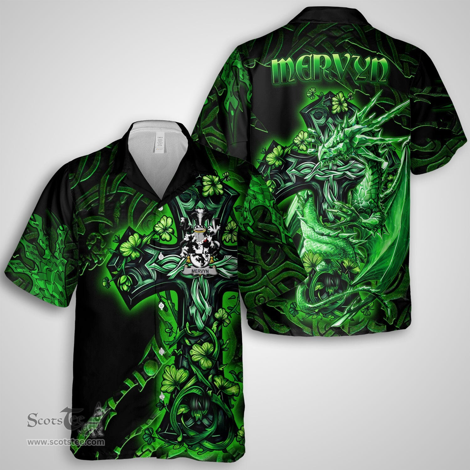 ScotsTee Shop Irish Mervyn Coat of Arms Irish Shirt Family Crest Celtic Cross And Dragon Short Sleeve Shirt