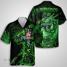 ScotsTee Shop Irish Laurence Coat of Arms Irish Shirt Family Crest Celtic Cross And Dragon Short Sleeve Shirt