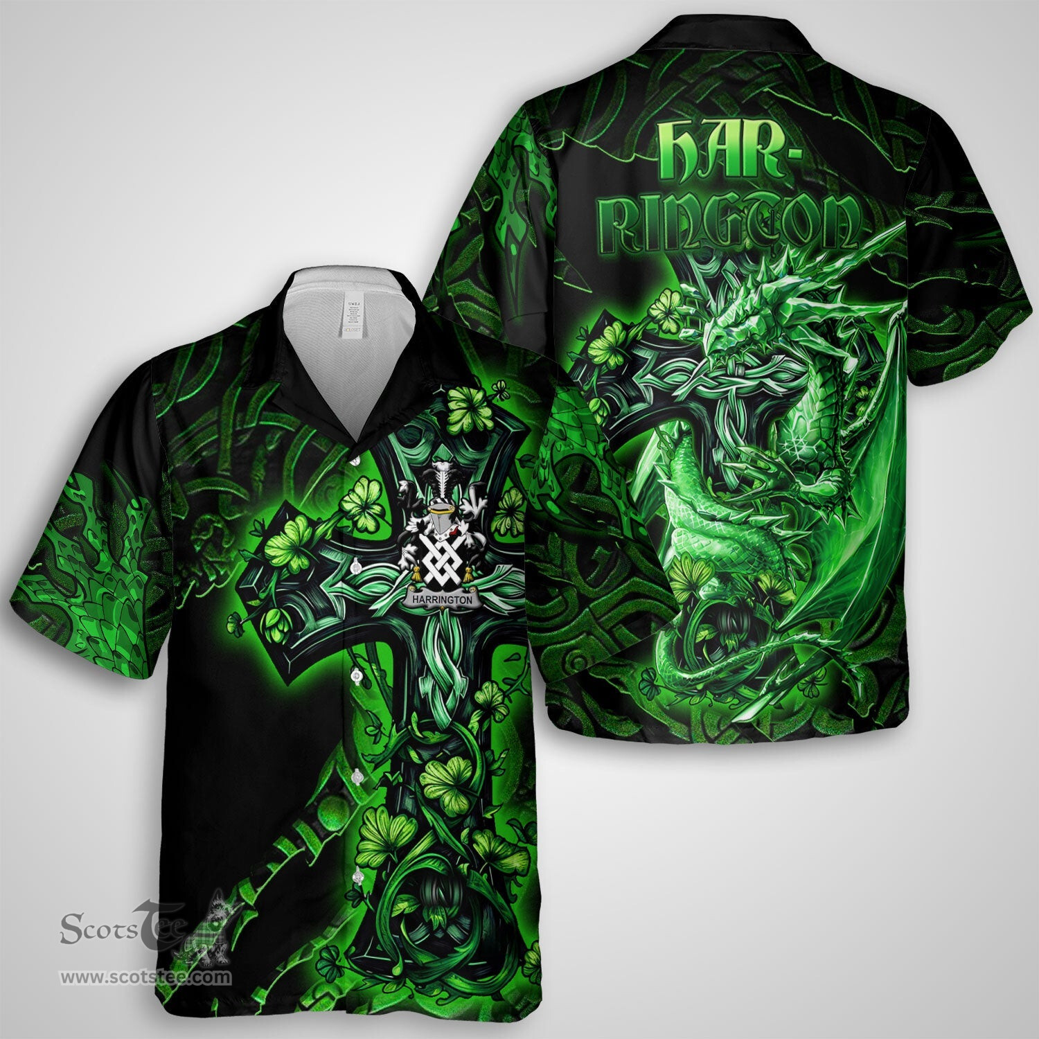 ScotsTee Shop Irish Harrington Coat of Arms Irish Shirt Family Crest Celtic Cross And Dragon Short Sleeve Shirt