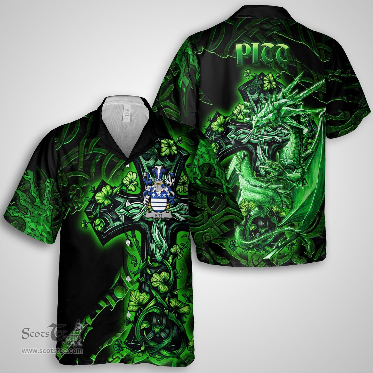 ScotsTee Shop Irish Pitt Coat of Arms Irish Shirt Family Crest Celtic Cross And Dragon Short Sleeve Shirt
