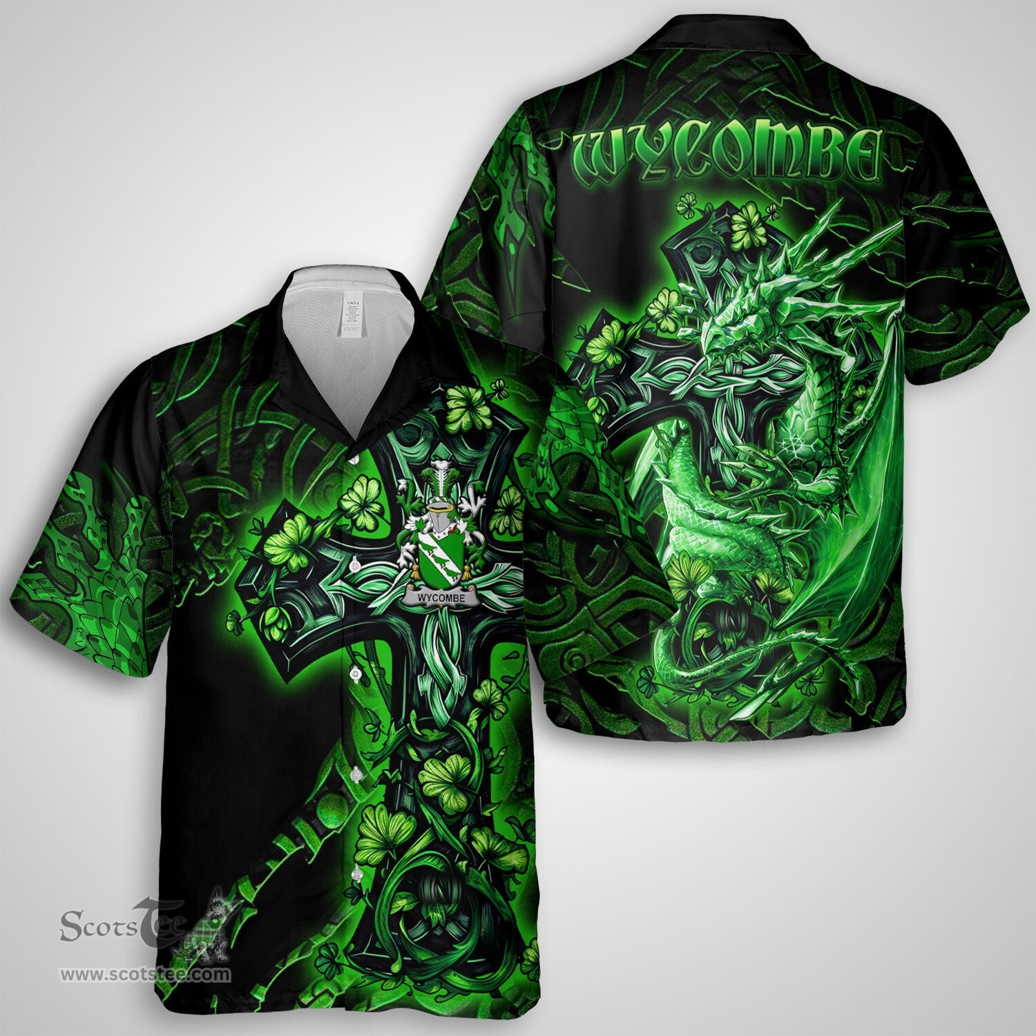ScotsTee Shop Irish Wycombe Coat of Arms Irish Shirt Family Crest Celtic Cross And Dragon Short Sleeve Shirt