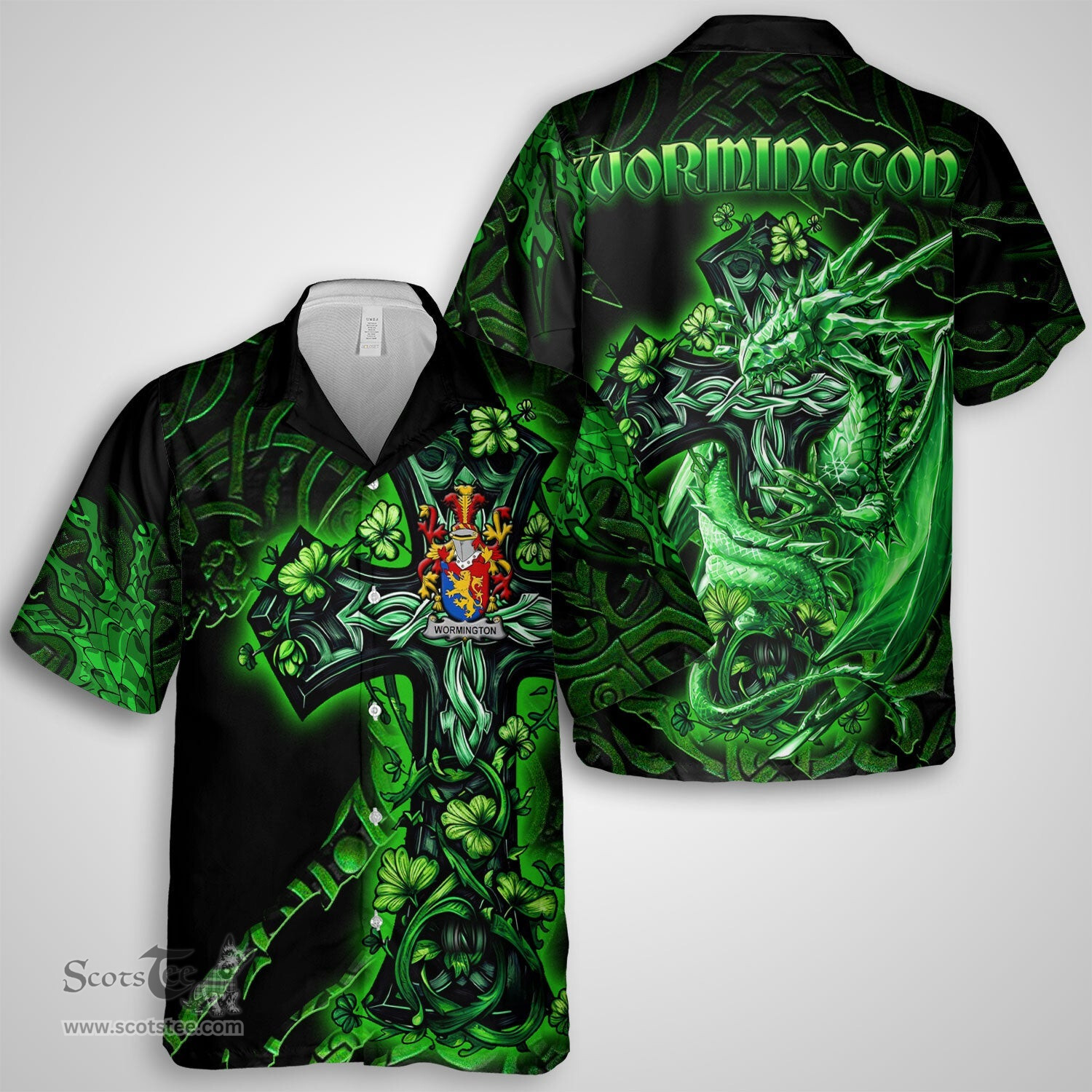 ScotsTee Shop Irish Wormington Coat of Arms Irish Shirt Family Crest Celtic Cross And Dragon Short Sleeve Shirt
