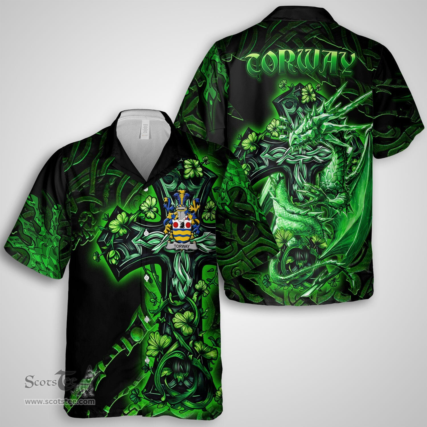 ScotsTee Shop Irish Torway Coat of Arms Irish Shirt Family Crest Celtic Cross And Dragon Short Sleeve Shirt