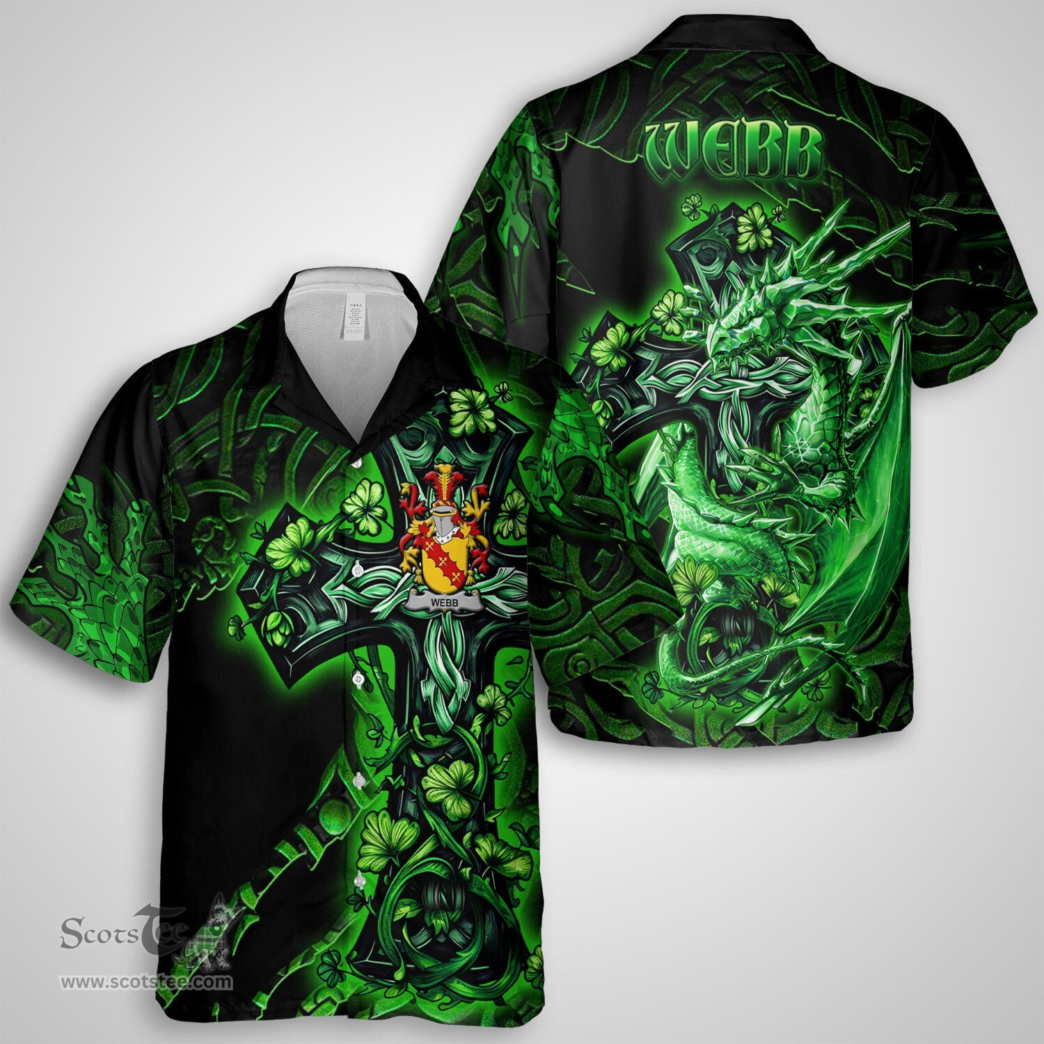 ScotsTee Shop Irish Webb Coat of Arms Irish Shirt Family Crest Celtic Cross And Dragon Short Sleeve Shirt