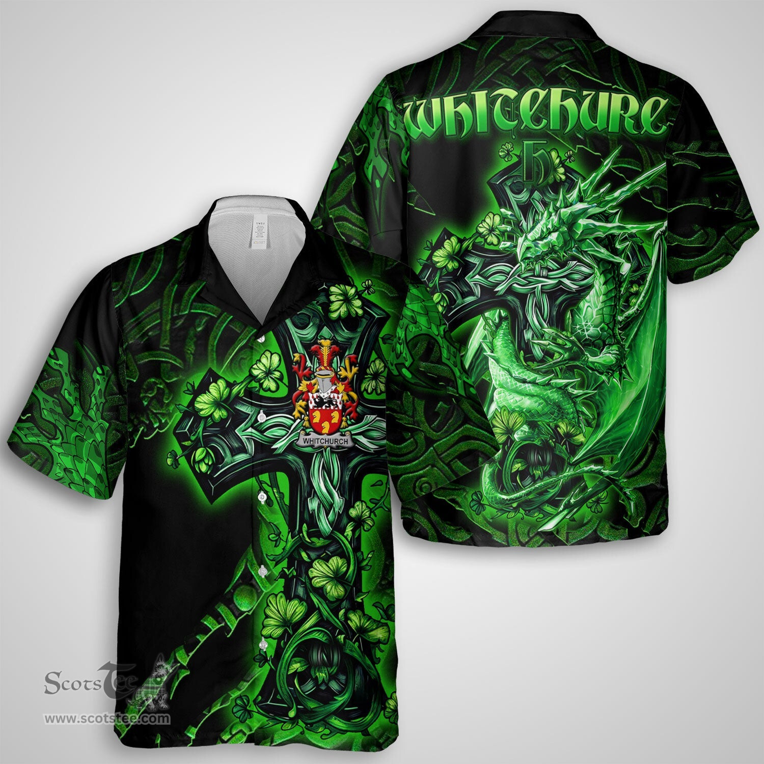 ScotsTee Shop Irish Whitchurch Coat of Arms Irish Shirt Family Crest Celtic Cross And Dragon Short Sleeve Shirt