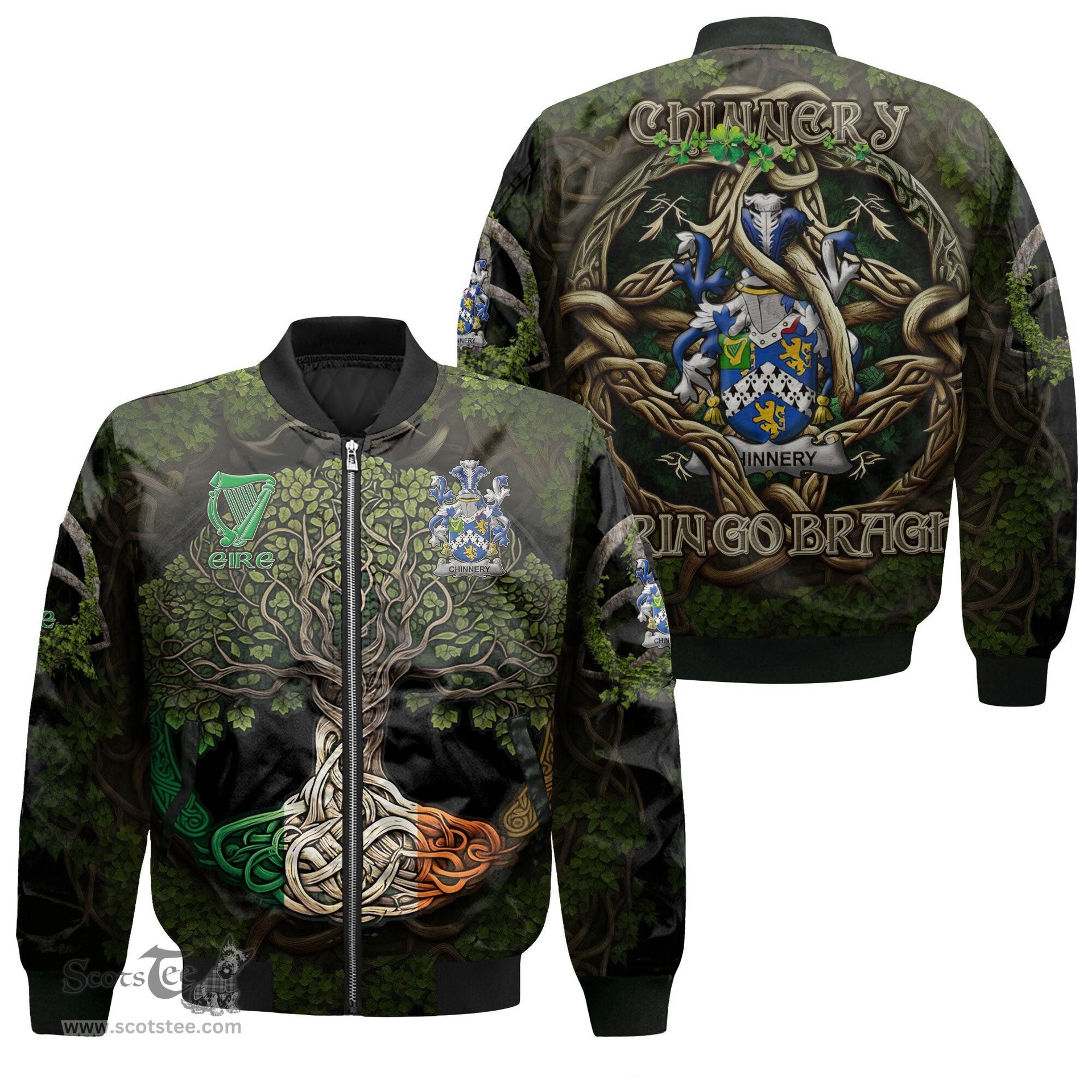 ScotsTee Shop Irish Chinnery Coat of Arms Irish Jacket Family Crest Irish Is My Root Bomber Jacket