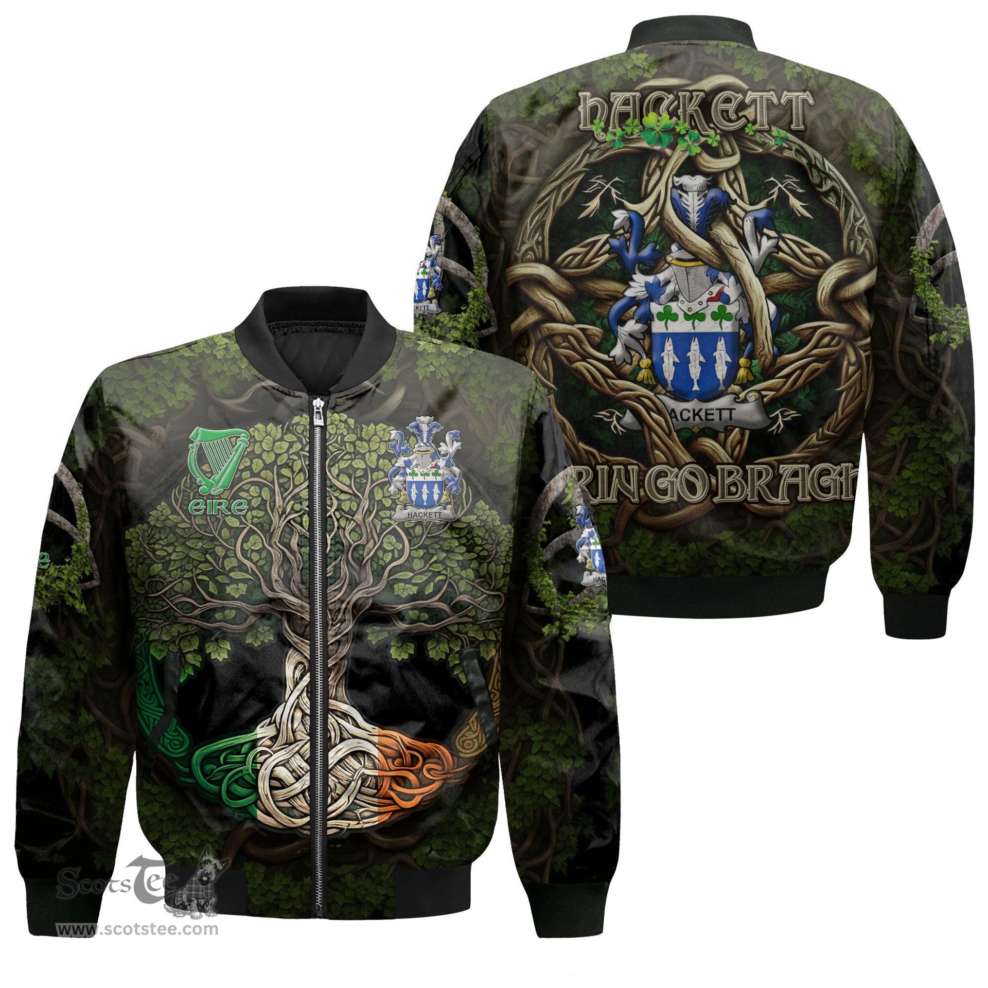 ScotsTee Shop Irish Hackett Coat of Arms Irish Jacket Family Crest Irish Is My Root Bomber Jacket