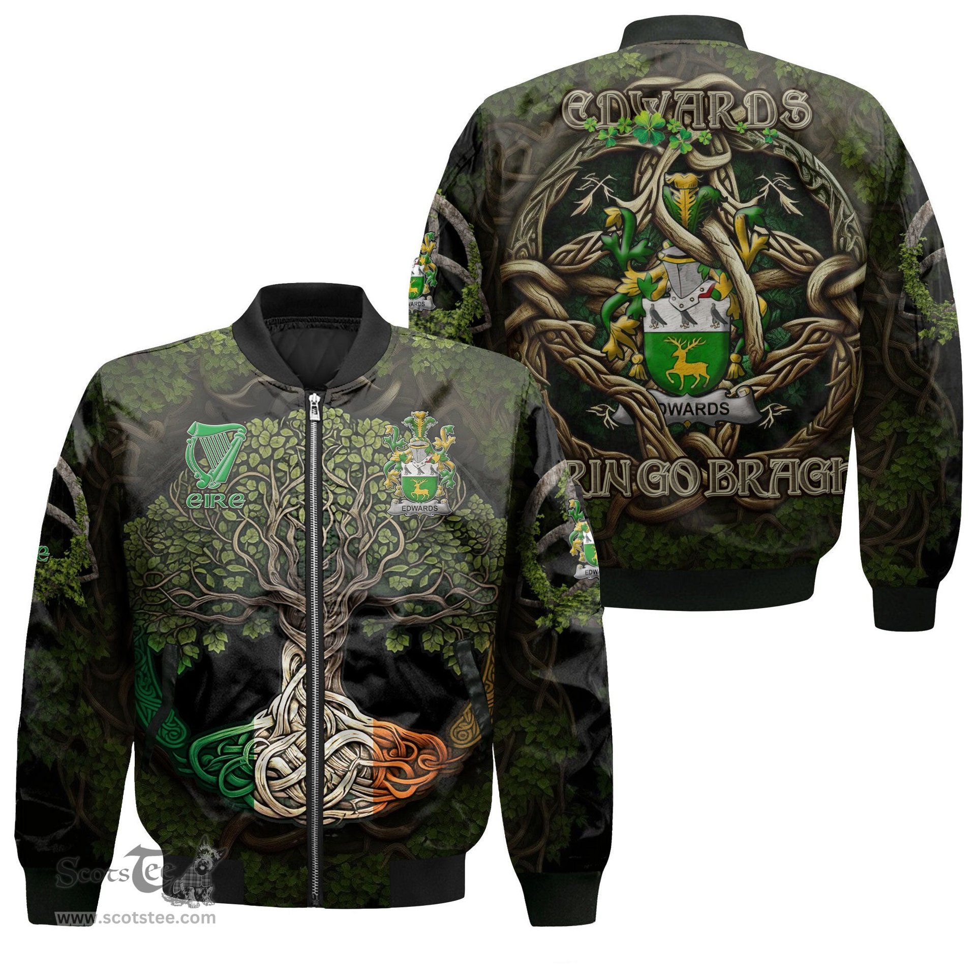 ScotsTee Shop Irish Edwards Coat of Arms Irish Jacket Family Crest Irish Is My Root Bomber Jacket