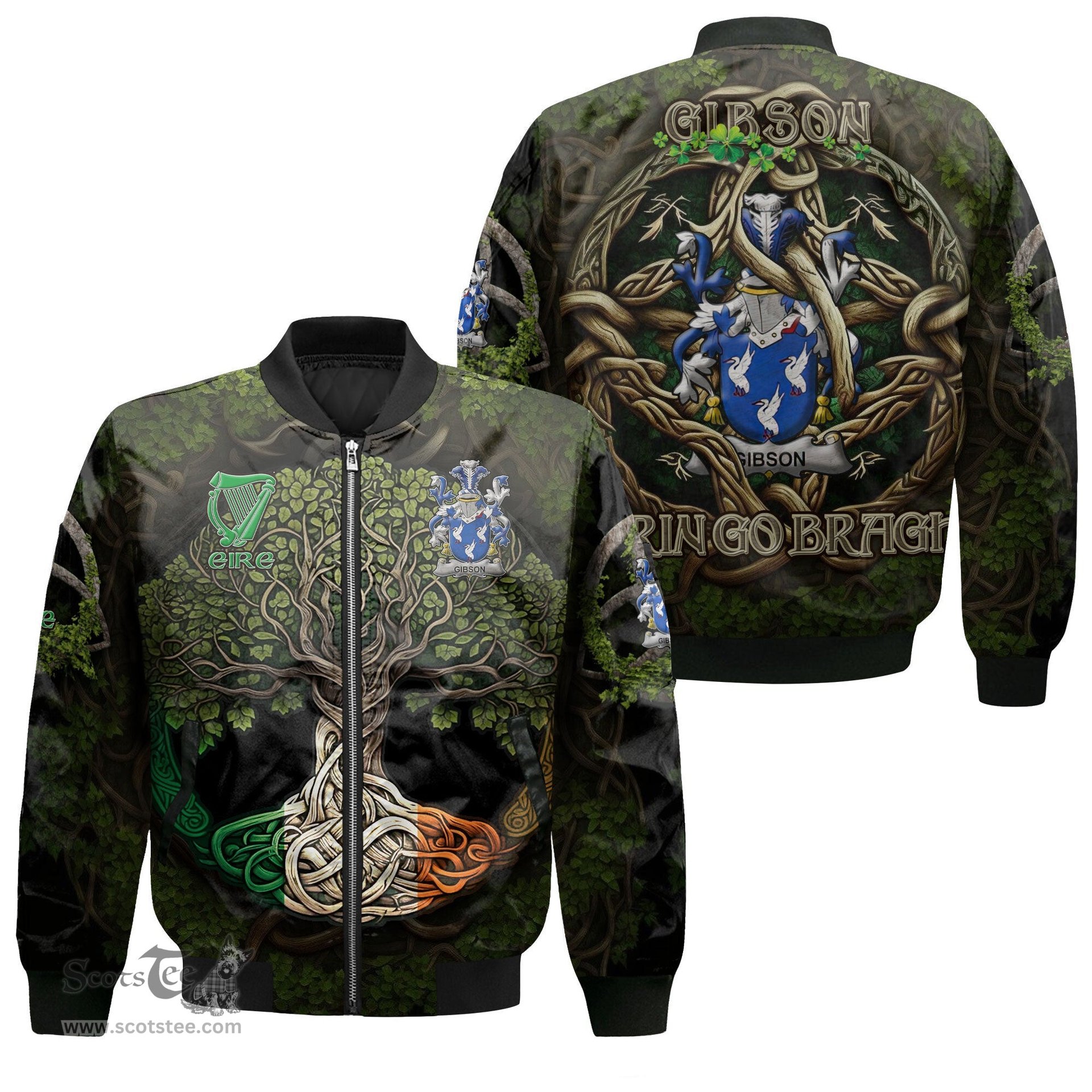 ScotsTee Shop Irish Gibson Coat of Arms Irish Jacket Family Crest Irish Is My Root Bomber Jacket