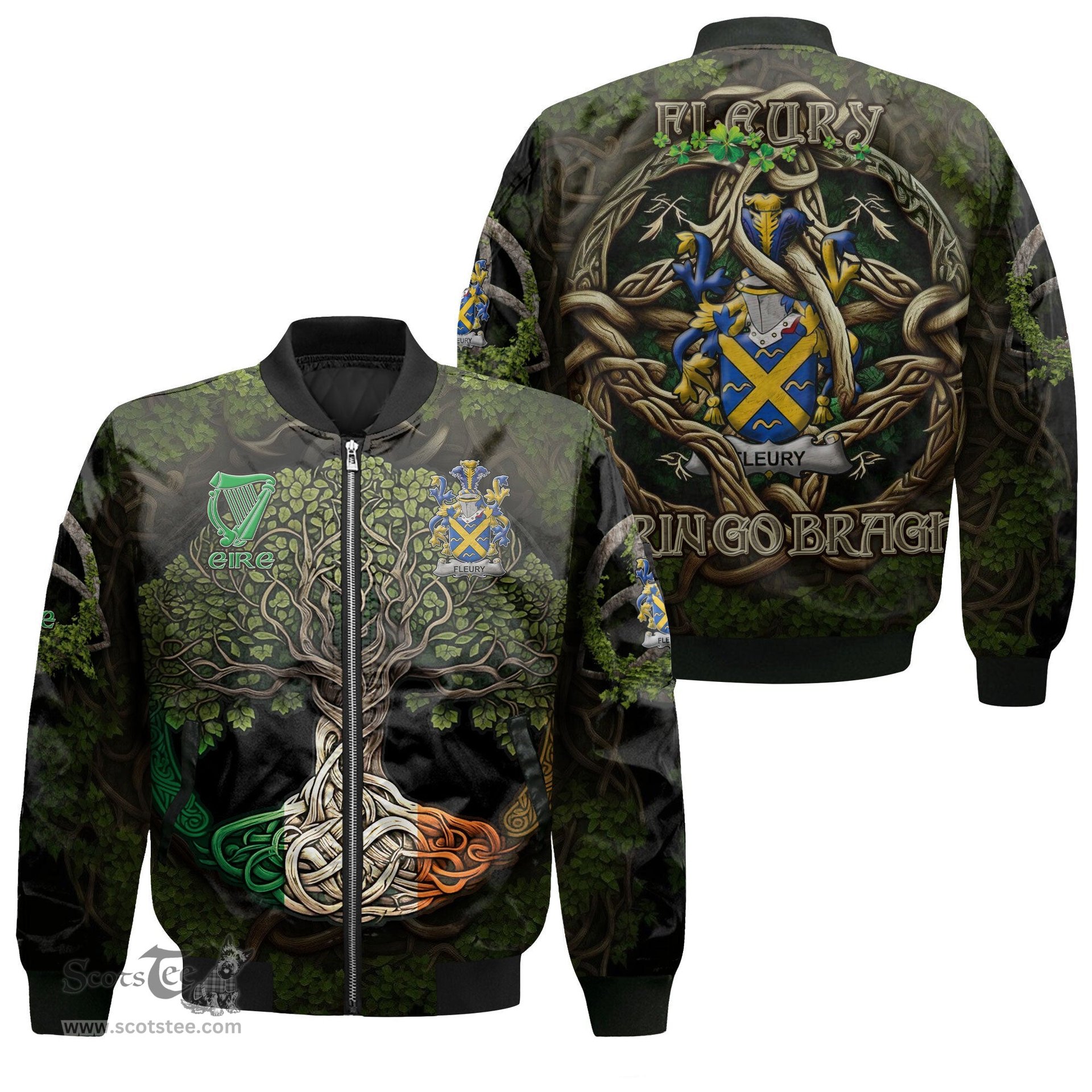 ScotsTee Shop Irish Fleury Coat of Arms Irish Jacket Family Crest Irish Is My Root Bomber Jacket