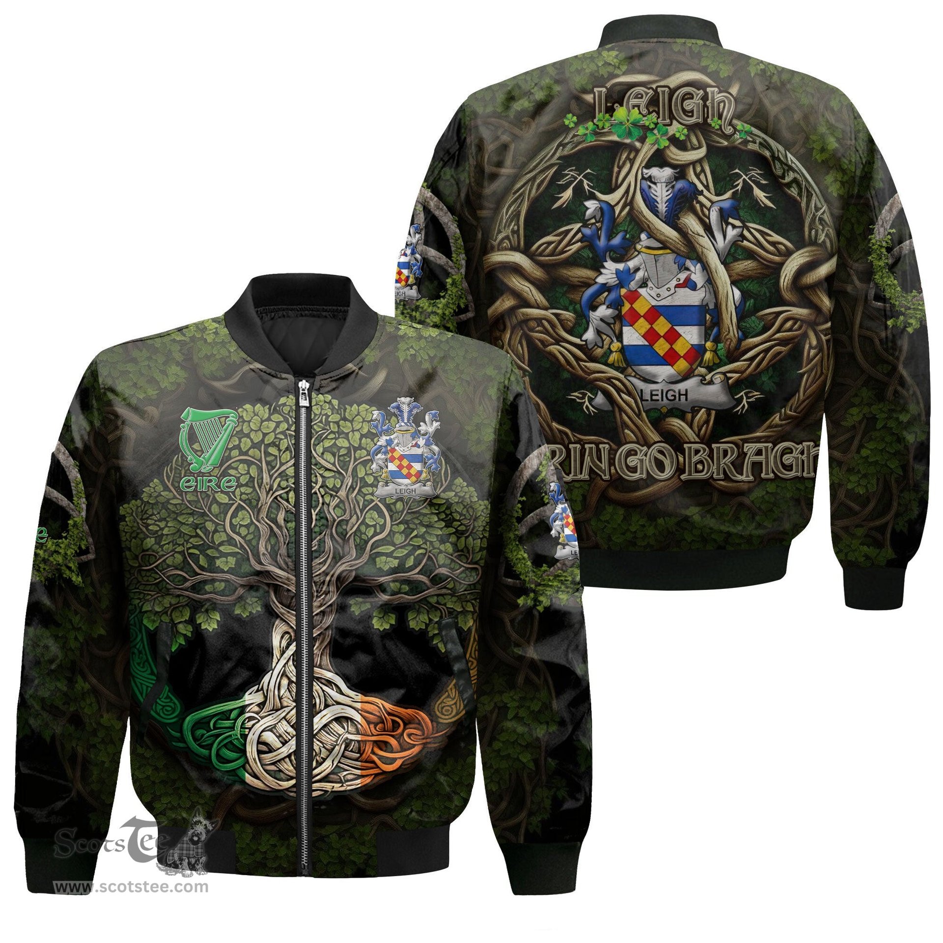 ScotsTee Shop Irish Leigh or McLaeghis Coat of Arms Irish Jacket Family Crest Irish Is My Root Bomber Jacket