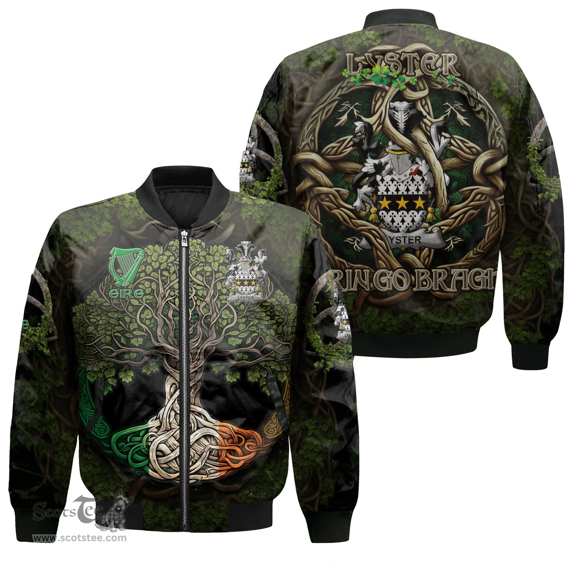 ScotsTee Shop Irish Lyster Coat of Arms Irish Jacket Family Crest Irish Is My Root Bomber Jacket