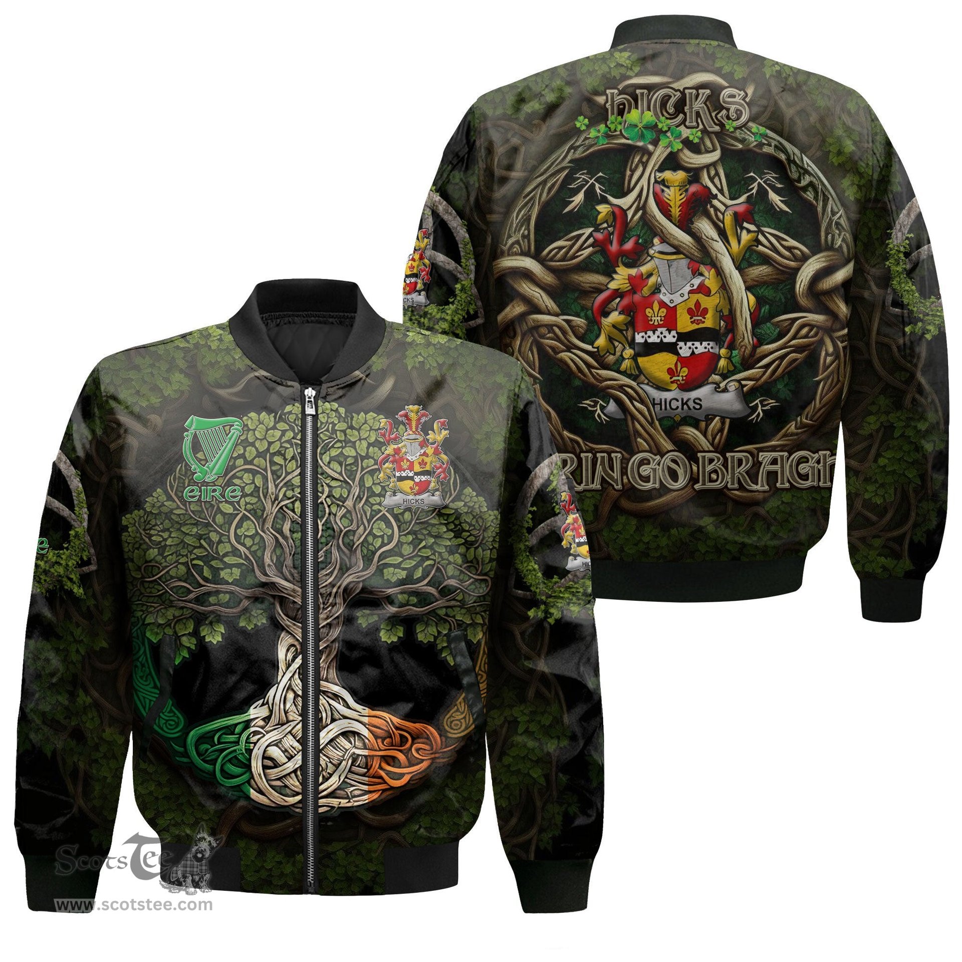 ScotsTee Shop Irish Hicks Coat of Arms Irish Jacket Family Crest Irish Is My Root Bomber Jacket