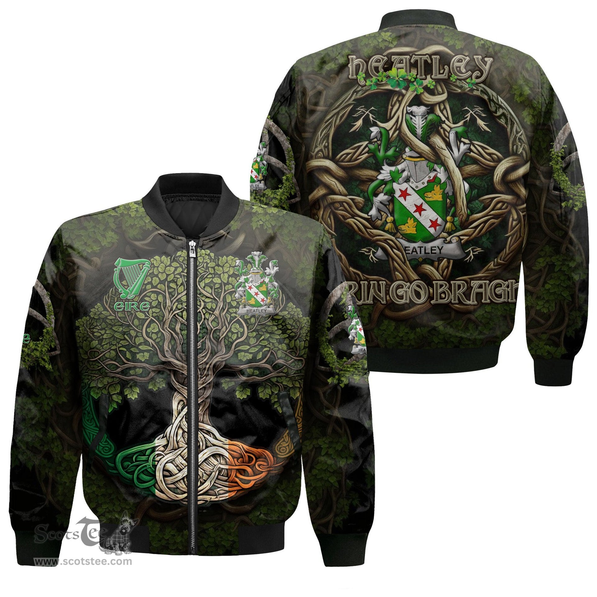 ScotsTee Shop Irish Heatley Coat of Arms Irish Jacket Family Crest Irish Is My Root Bomber Jacket