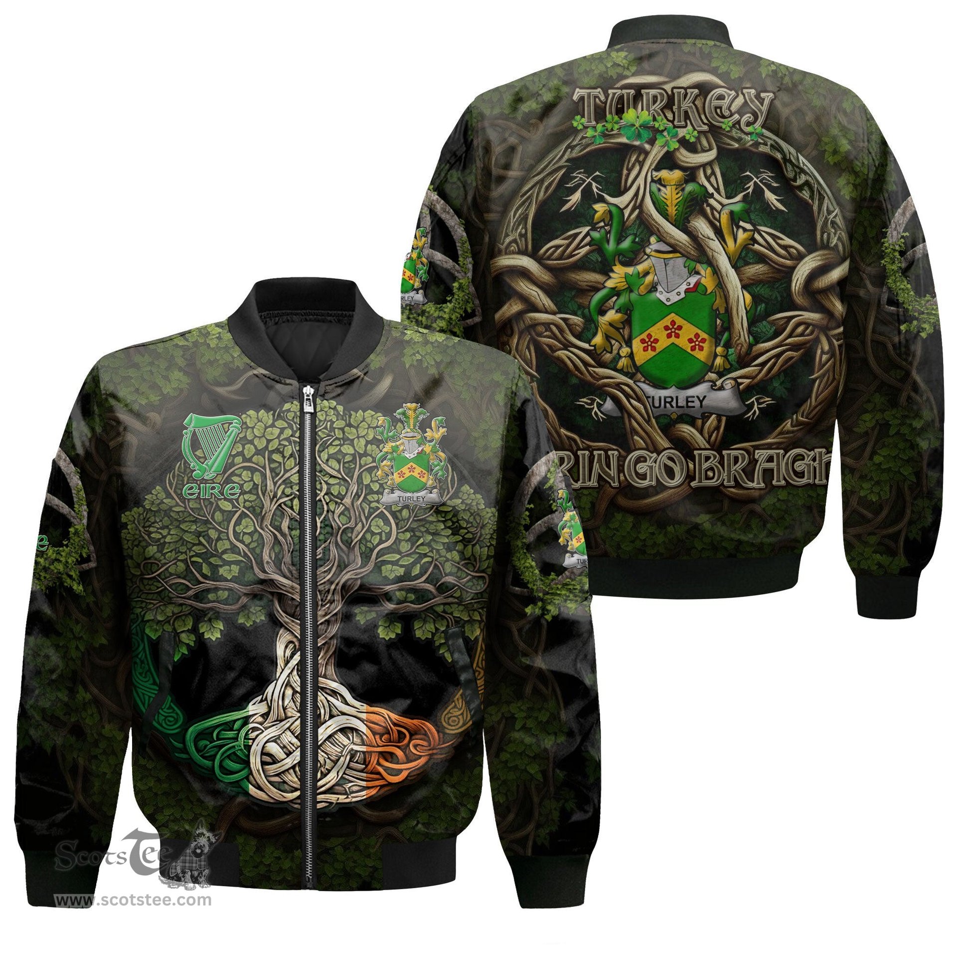 ScotsTee Shop Irish Turkey or MacCurley Coat of Arms Irish Jacket Family Crest Irish Is My Root Bomber Jacket