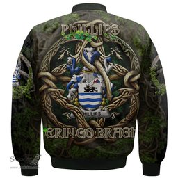 ScotsTee Shop Irish Phillips Coat of Arms Irish Jacket Family Crest Irish Is My Root Bomber Jacket
