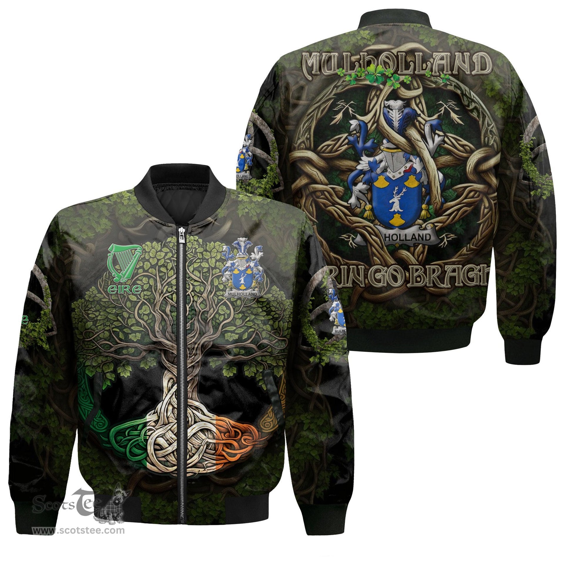 ScotsTee Shop Irish Mulholland Coat of Arms Irish Jacket Family Crest Irish Is My Root Bomber Jacket