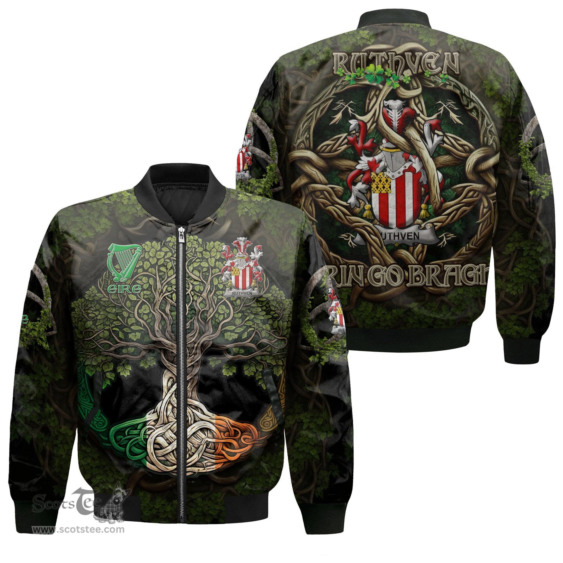 ScotsTee Shop Irish Ruthven Coat of Arms Irish Jacket Family Crest Irish Is My Root Bomber Jacket