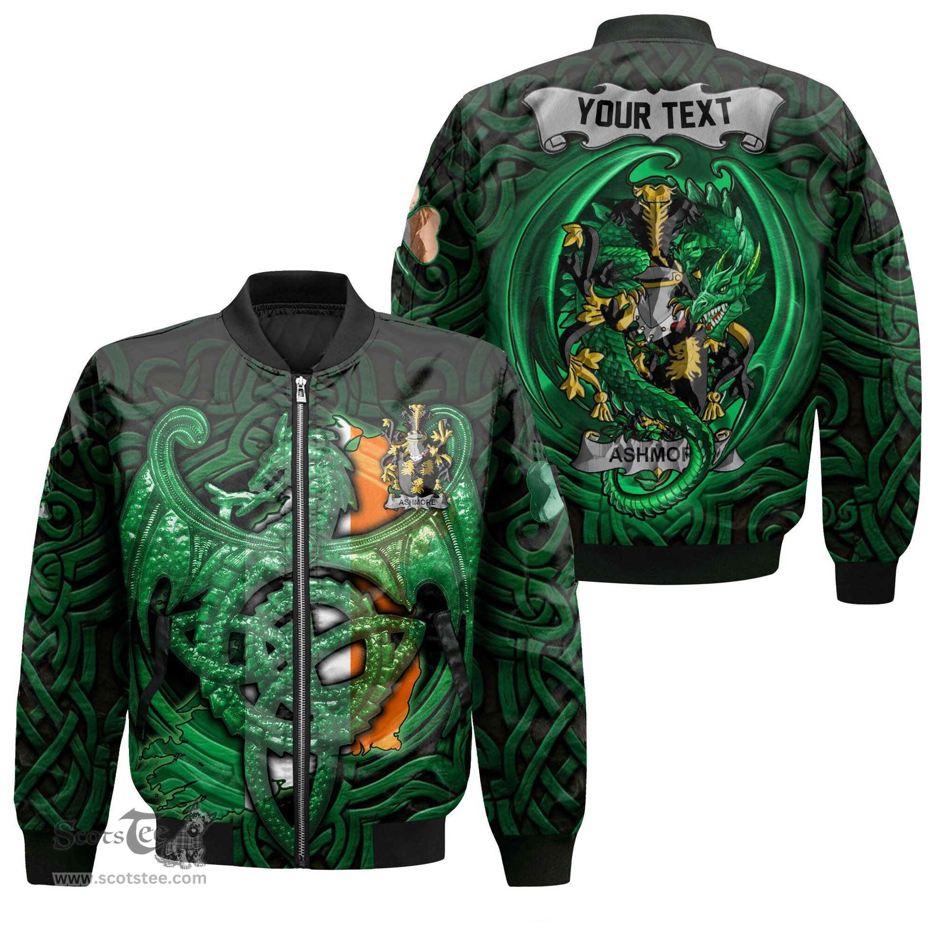 ScotsTee Shop Irish Ashmore Coat of Arms Irish Jacket Family Crest Green Dragon Of Ireland Bomber Jacket