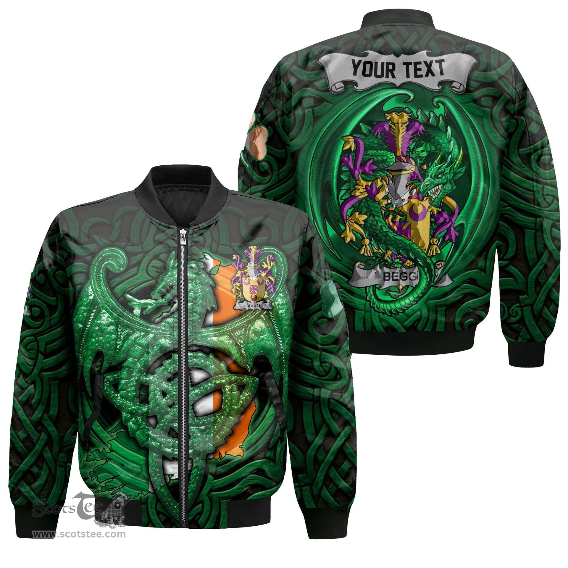 ScotsTee Shop Irish Begg Coat of Arms Irish Jacket Family Crest Green Dragon Of Ireland Bomber Jacket