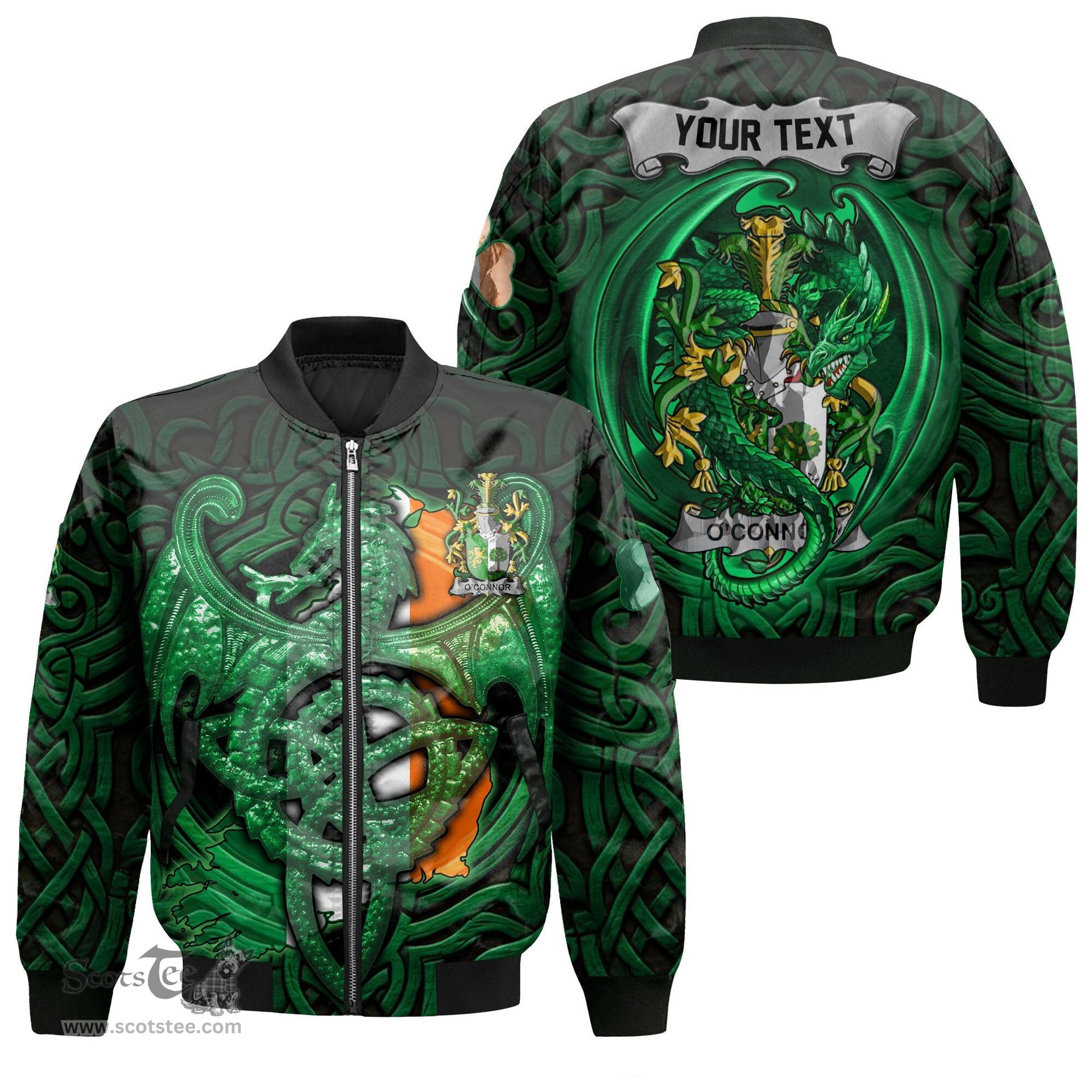 ScotsTee Shop Irish Connor or O Connor Sligo Coat of Arms Irish Jacket Family Crest Green Dragon Of Ireland Bomber Jacket