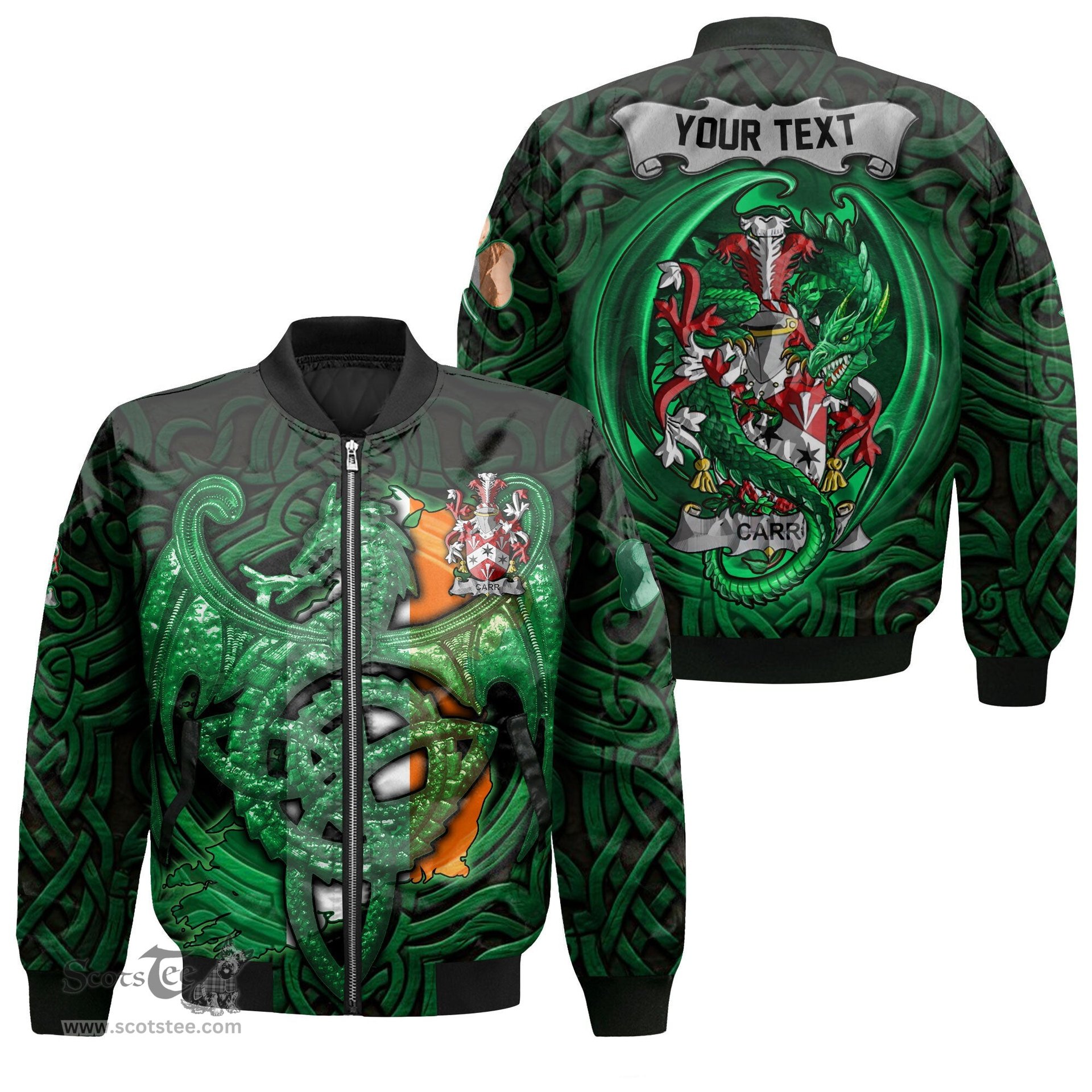 ScotsTee Shop Irish Carr Coat of Arms Irish Jacket Family Crest Green Dragon Of Ireland Bomber Jacket