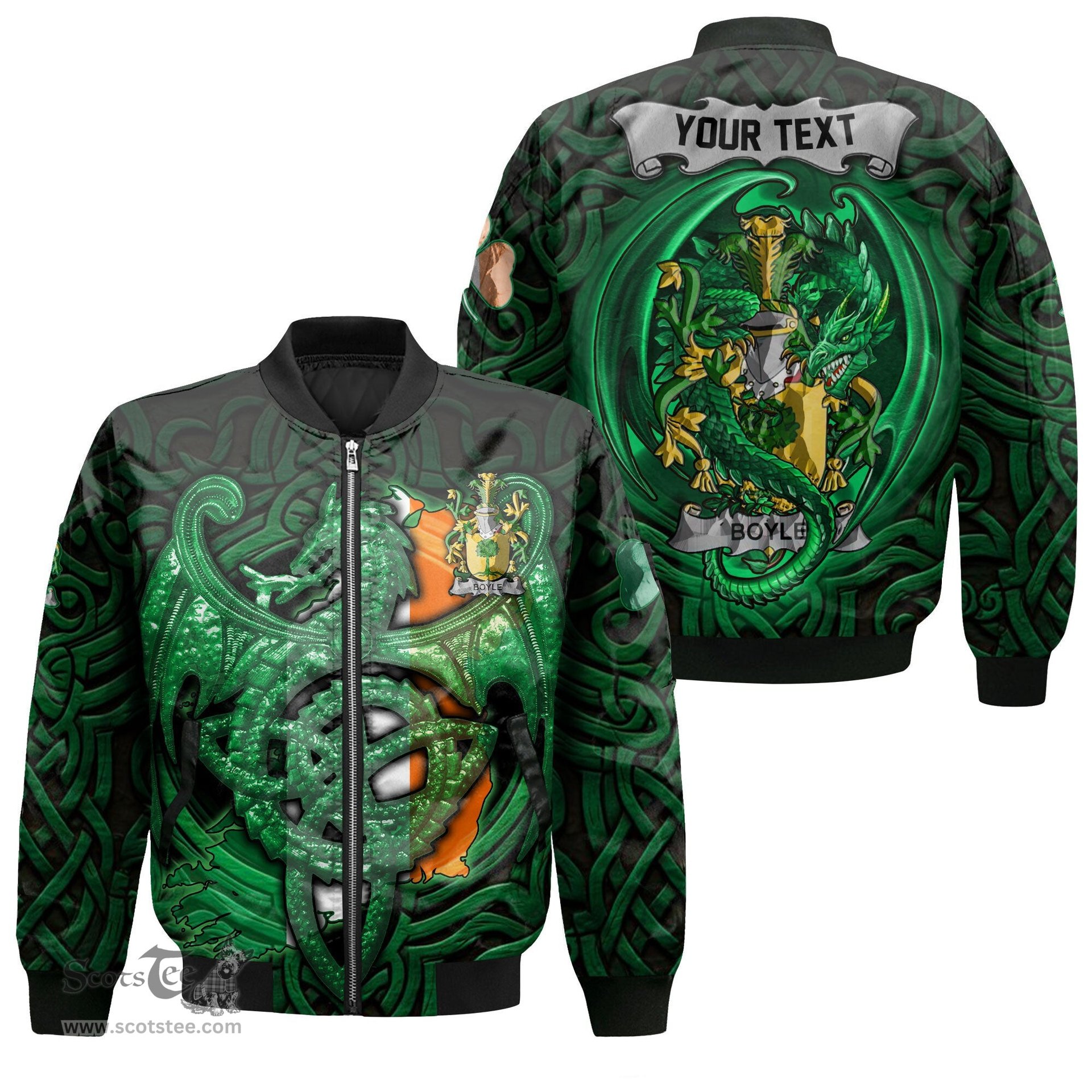 ScotsTee Shop Irish Boyle or O Boyle Coat of Arms Irish Jacket Family Crest Green Dragon Of Ireland Bomber Jacket