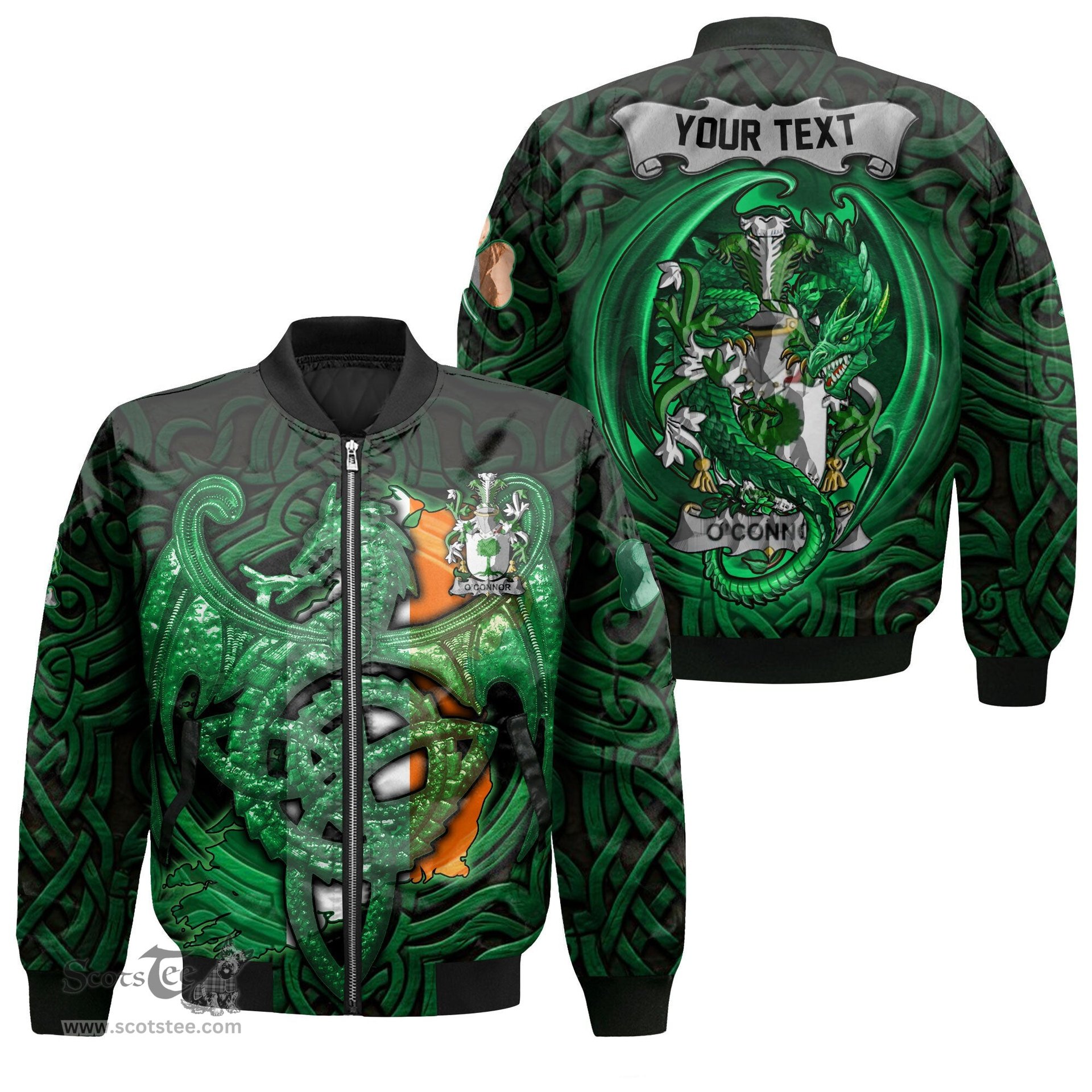 ScotsTee Shop Irish Connor or O Connor Don Coat of Arms Irish Jacket Family Crest Green Dragon Of Ireland Bomber Jacket