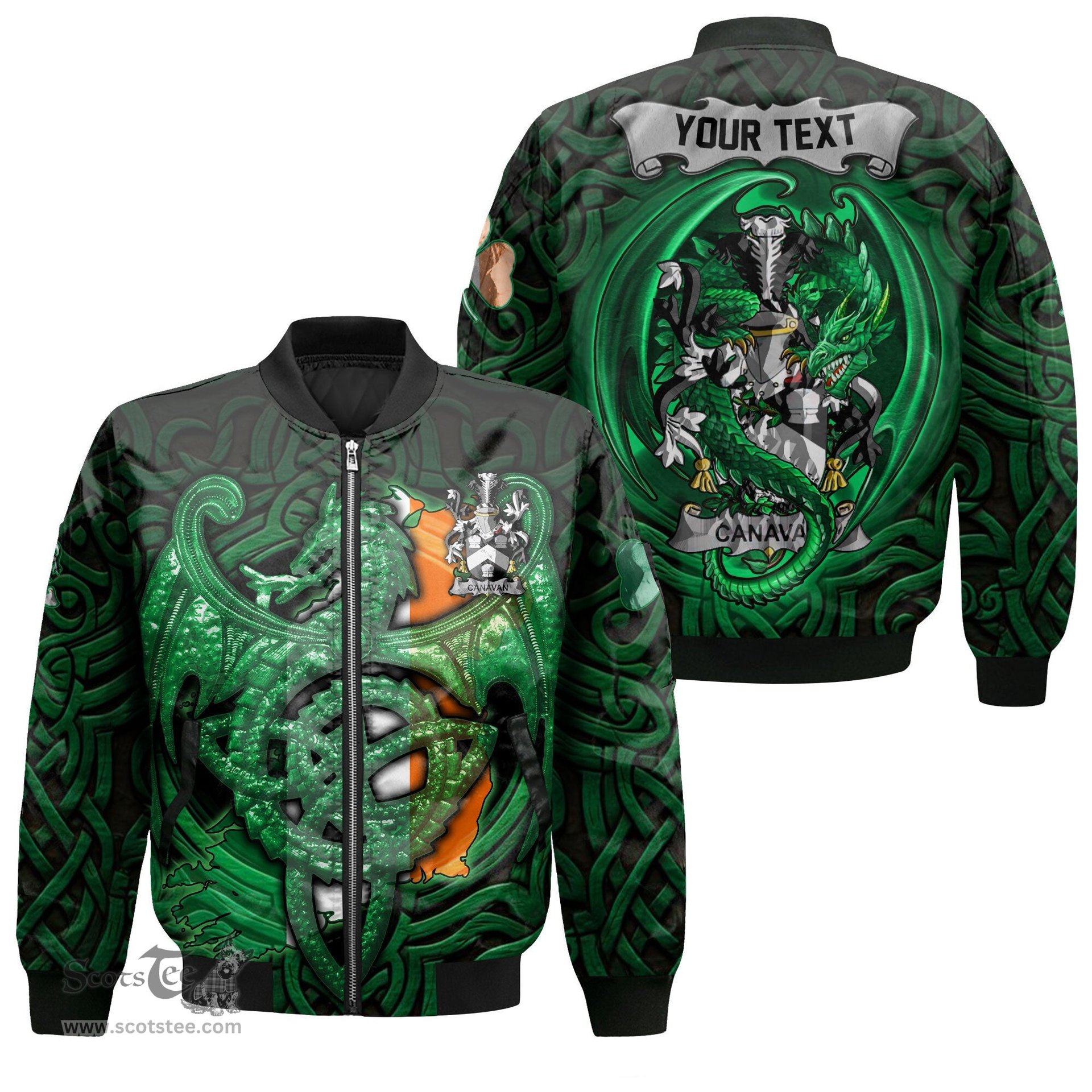 ScotsTee Shop Irish Canavan or O Canavan Coat of Arms Irish Jacket Family Crest Green Dragon Of Ireland Bomber Jacket