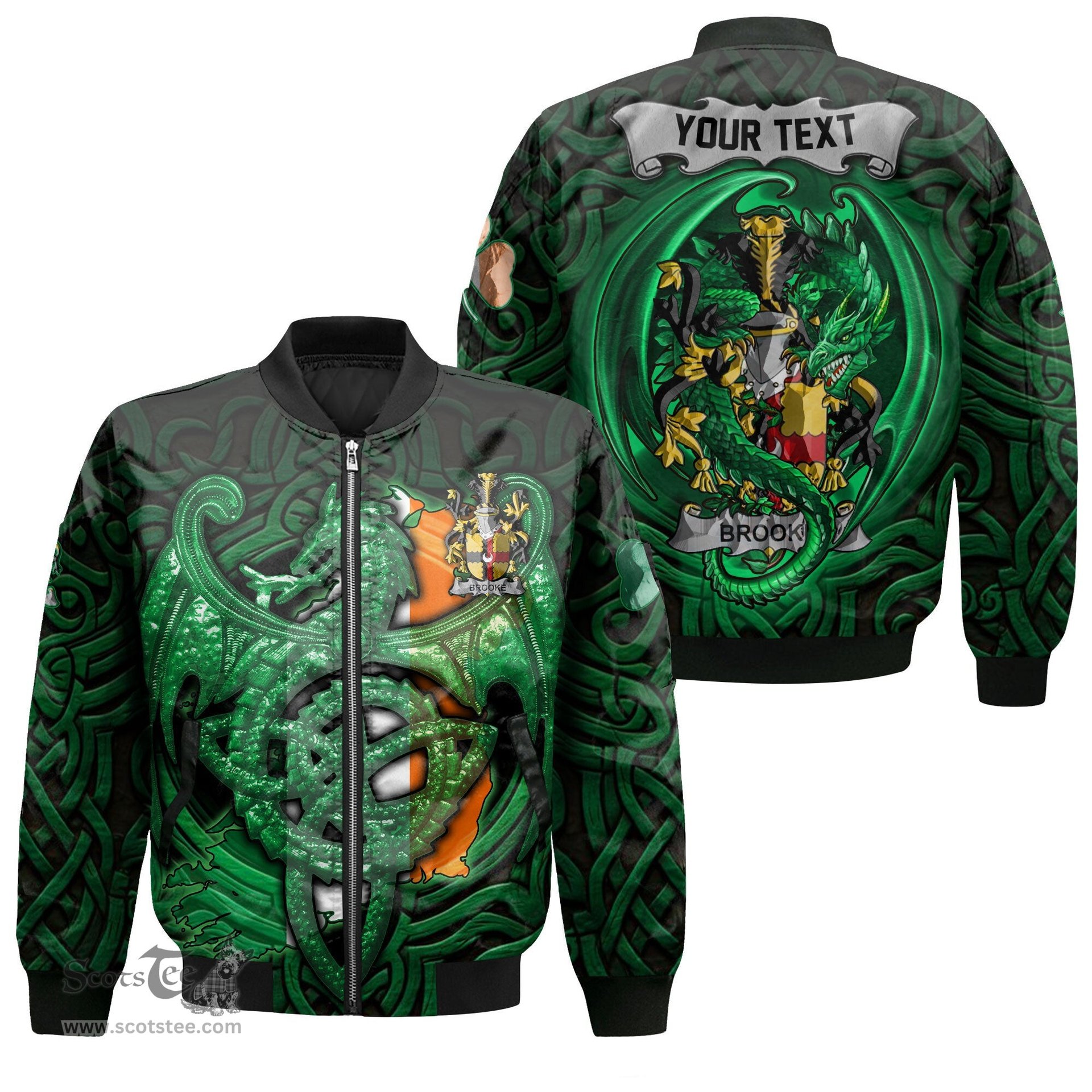 ScotsTee Shop Irish Brooke Coat of Arms Irish Jacket Family Crest Green Dragon Of Ireland Bomber Jacket