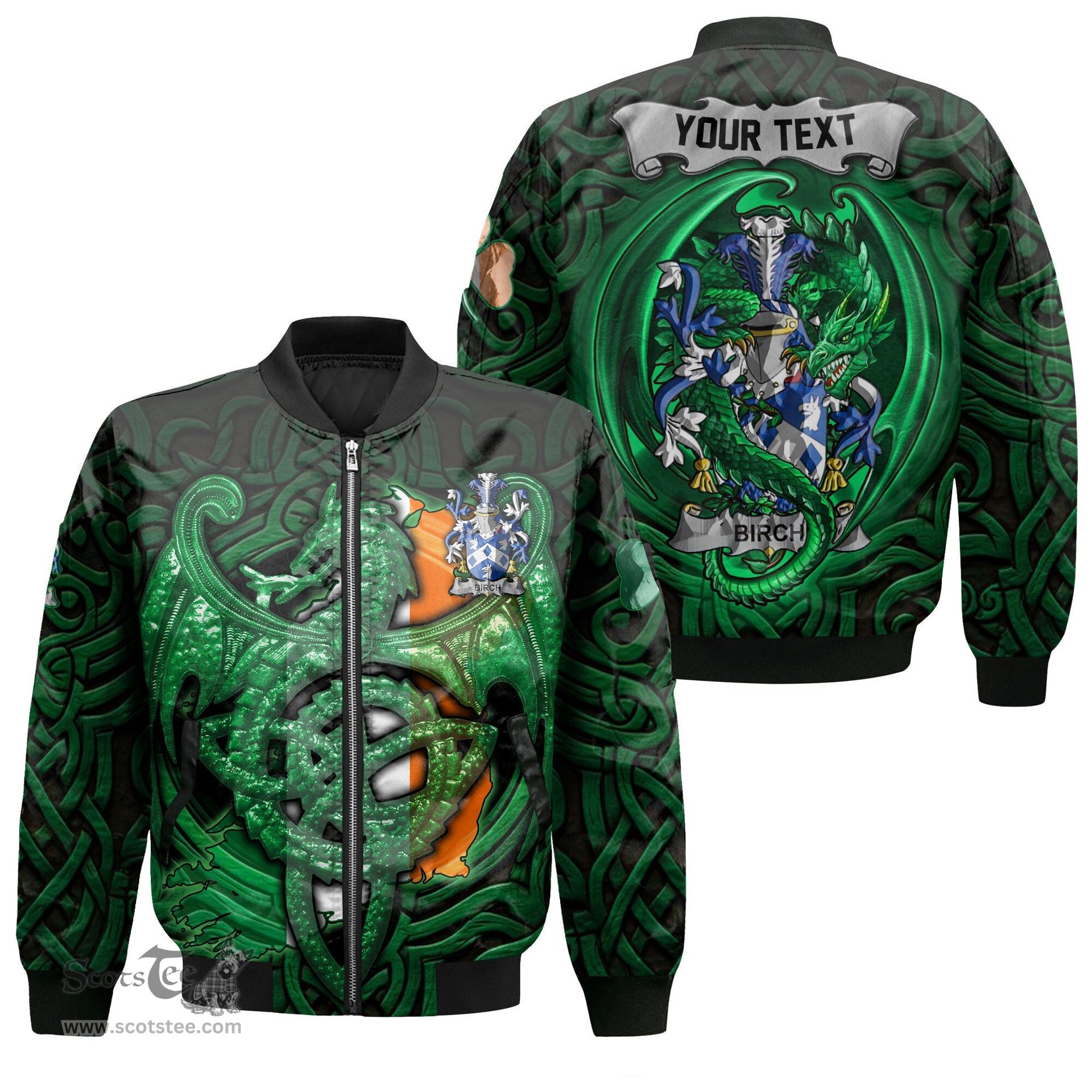 ScotsTee Shop Irish Birch Coat of Arms Irish Jacket Family Crest Green Dragon Of Ireland Bomber Jacket