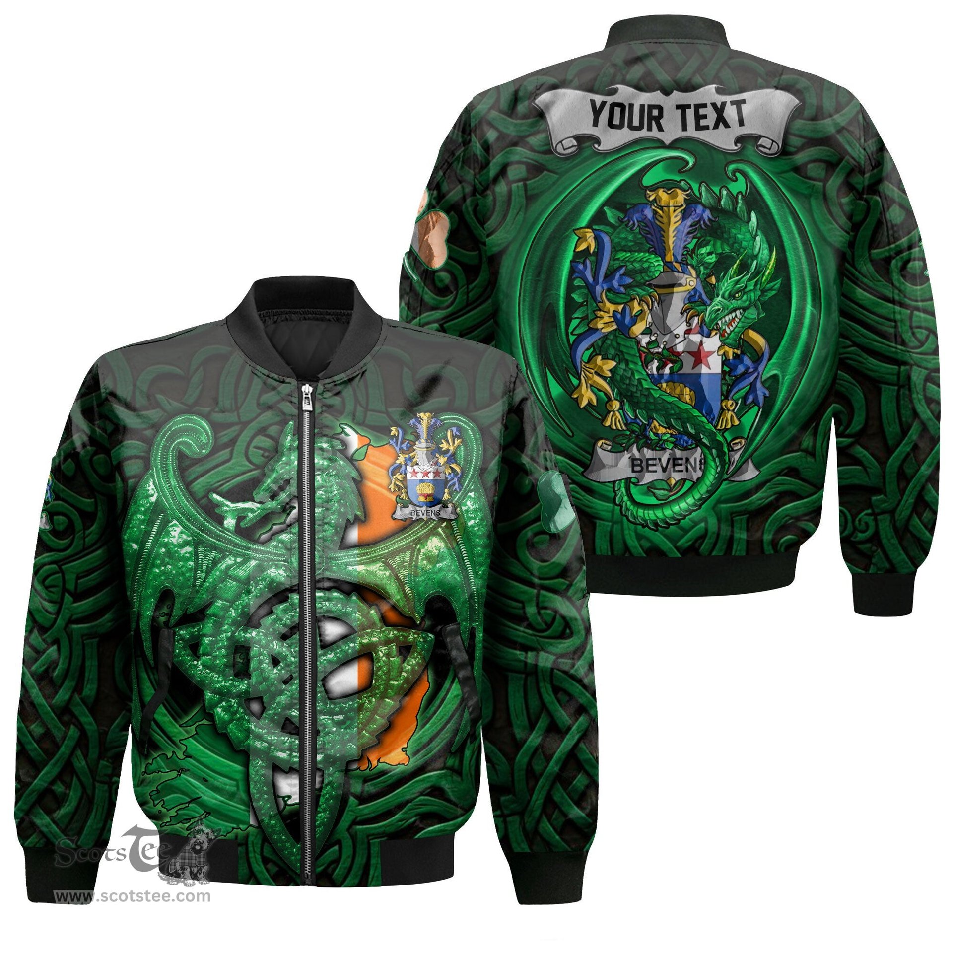 ScotsTee Shop Irish Bevens Coat of Arms Irish Jacket Family Crest Green Dragon Of Ireland Bomber Jacket