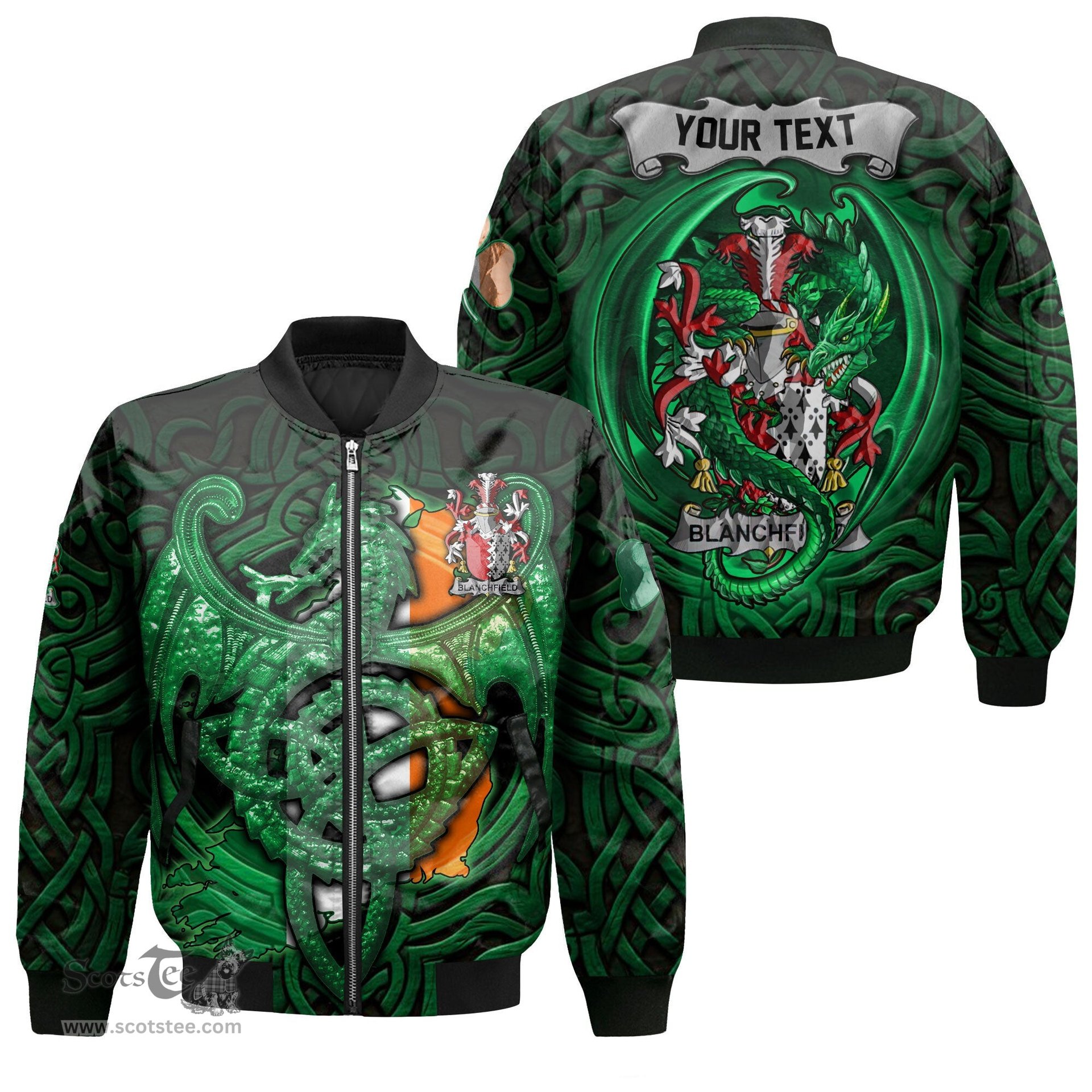 ScotsTee Shop Irish Blanchfield Coat of Arms Irish Jacket Family Crest Green Dragon Of Ireland Bomber Jacket