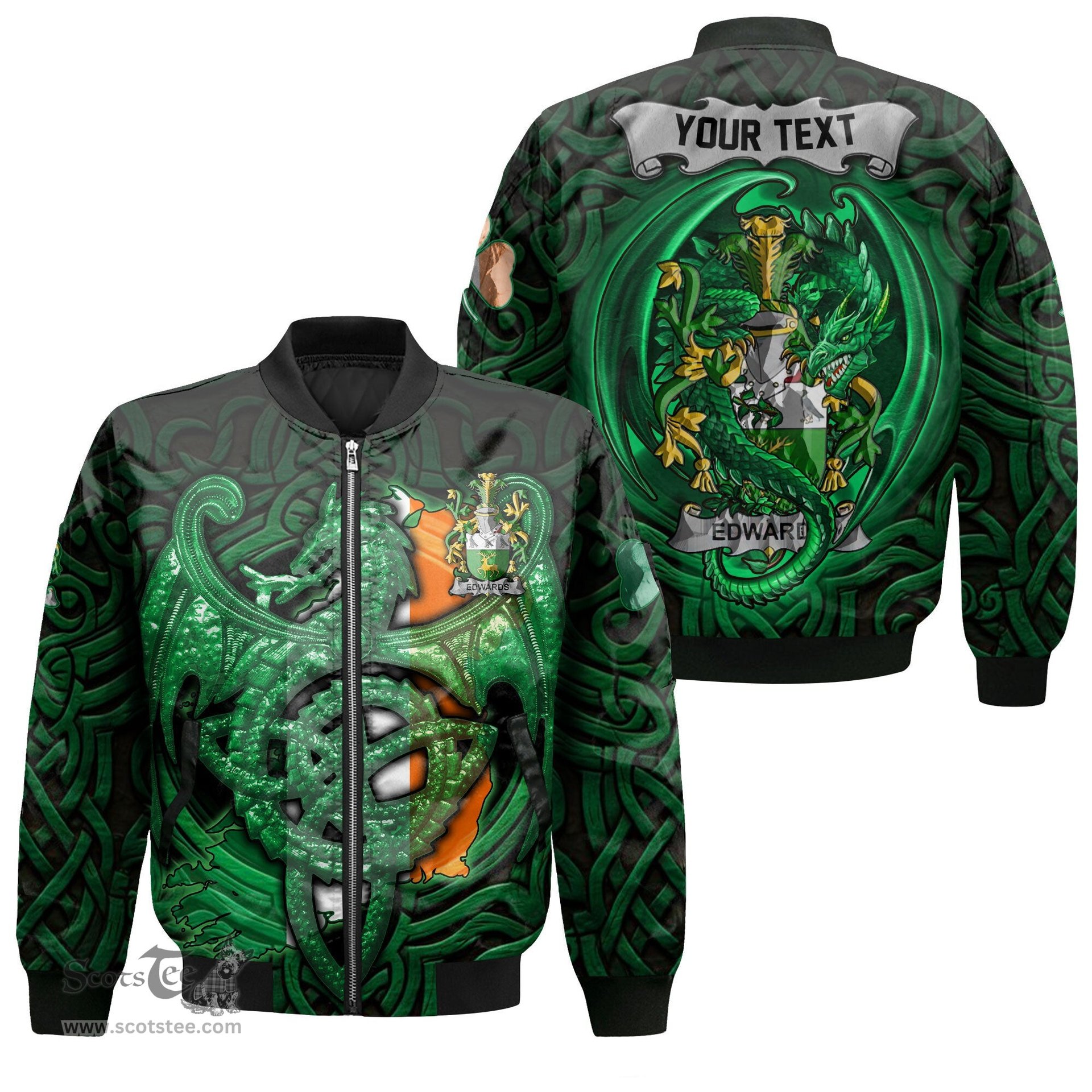 ScotsTee Shop Irish Edwards Coat of Arms Irish Jacket Family Crest Green Dragon Of Ireland Bomber Jacket