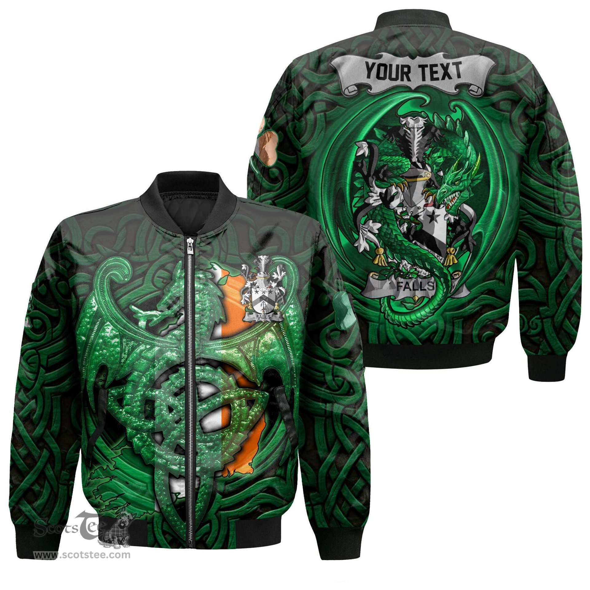 ScotsTee Shop Irish Falls Coat of Arms Irish Jacket Family Crest Green Dragon Of Ireland Bomber Jacket