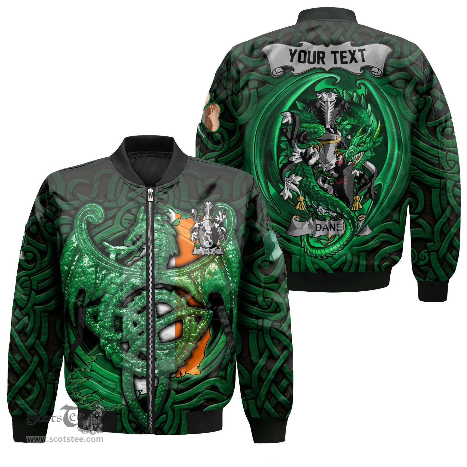ScotsTee Shop Irish Dane or O Dane Coat of Arms Irish Jacket Family Crest Green Dragon Of Ireland Bomber Jacket