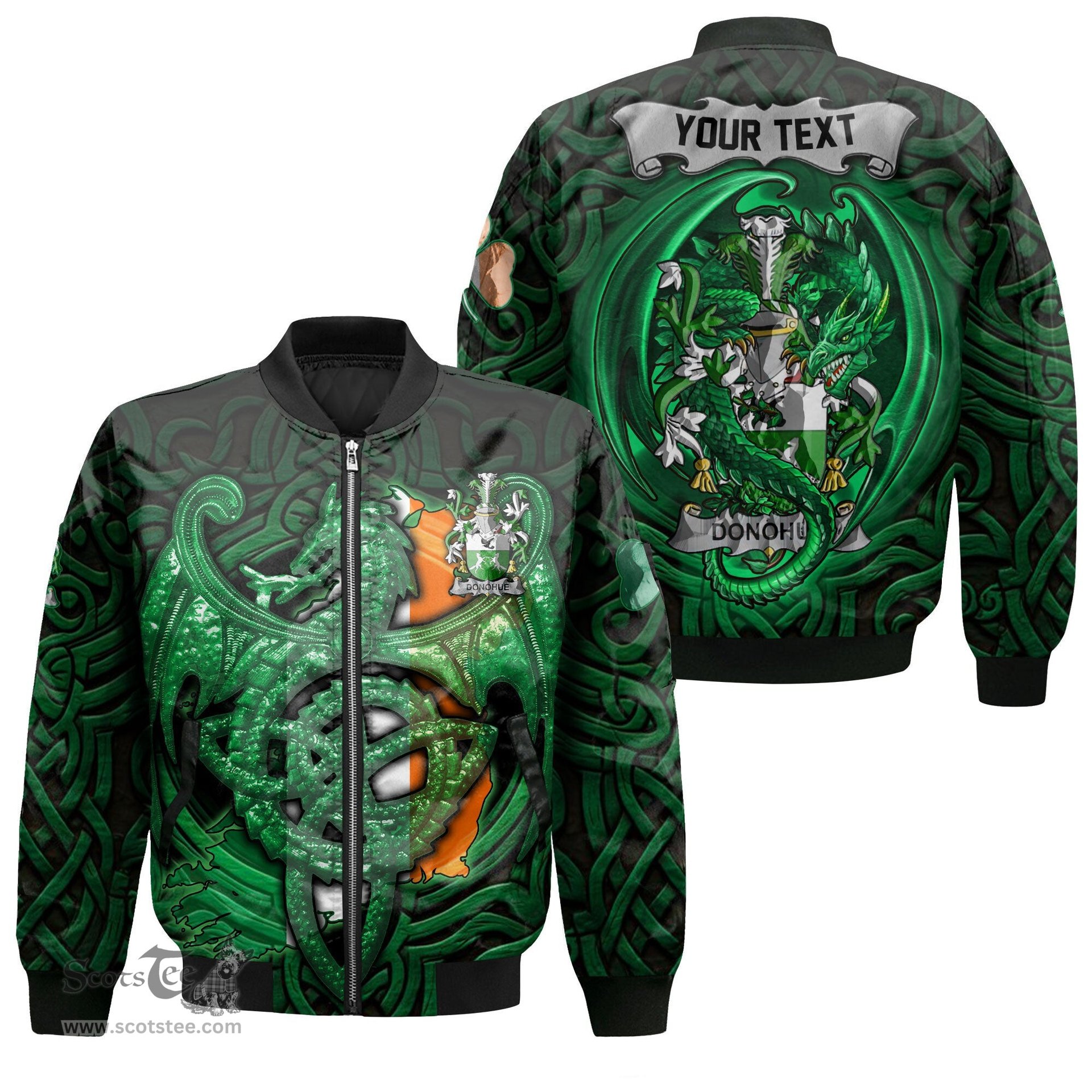 ScotsTee Shop Irish Donohue or O Donohue Coat of Arms Irish Jacket Family Crest Green Dragon Of Ireland Bomber Jacket