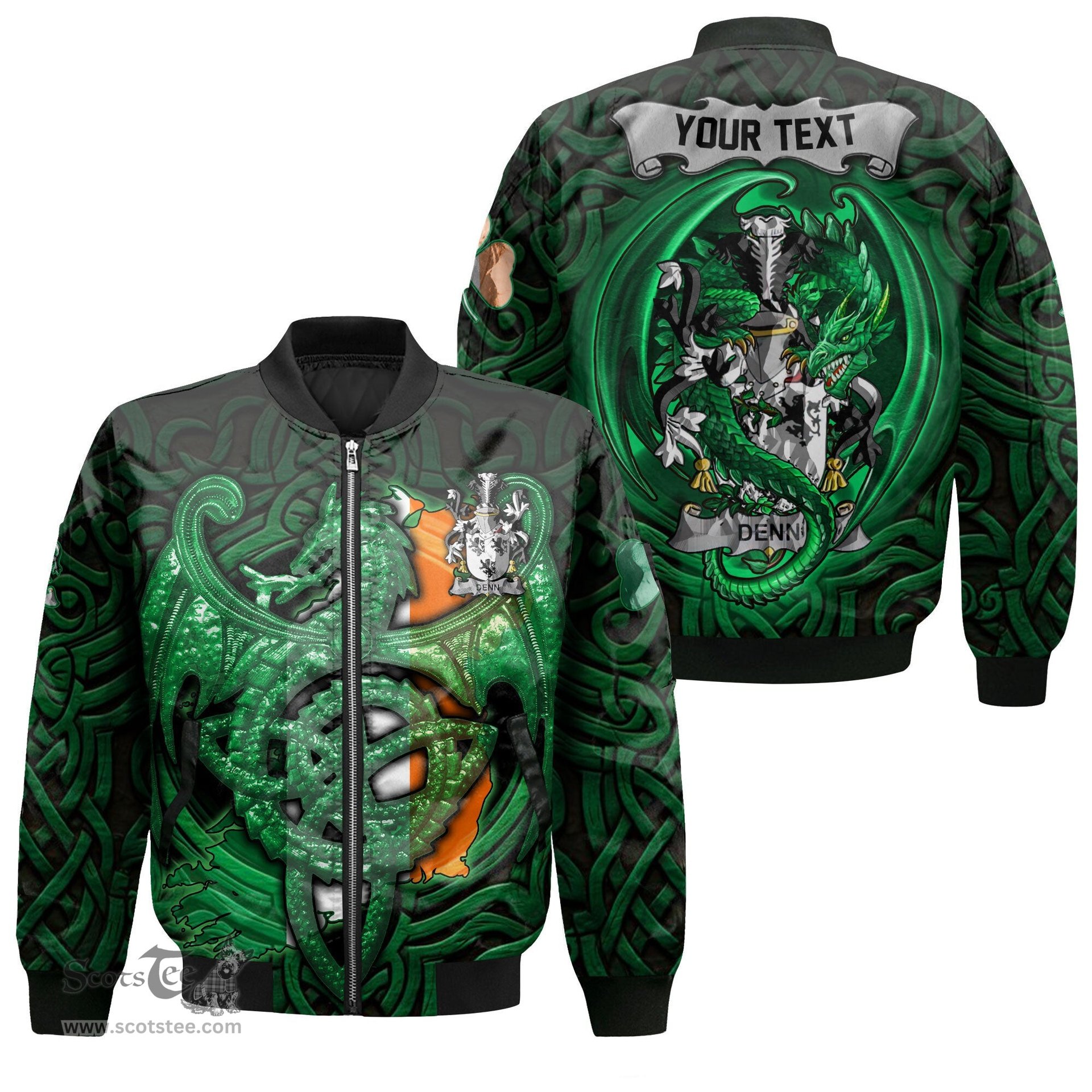 ScotsTee Shop Irish Denn Coat of Arms Irish Jacket Family Crest Green Dragon Of Ireland Bomber Jacket
