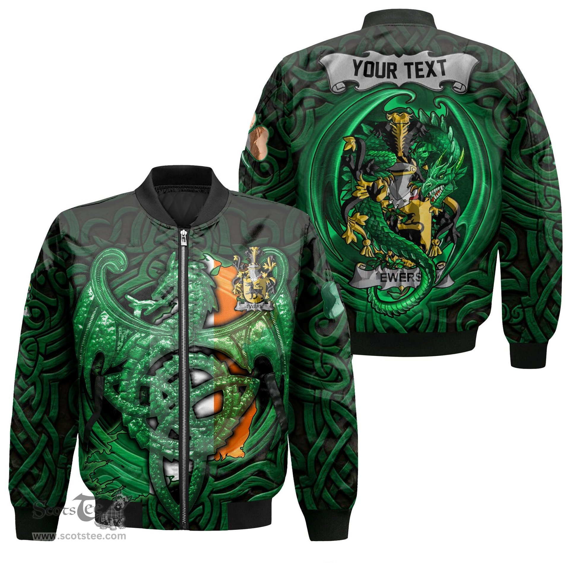 ScotsTee Shop Irish Ewers Coat of Arms Irish Jacket Family Crest Green Dragon Of Ireland Bomber Jacket