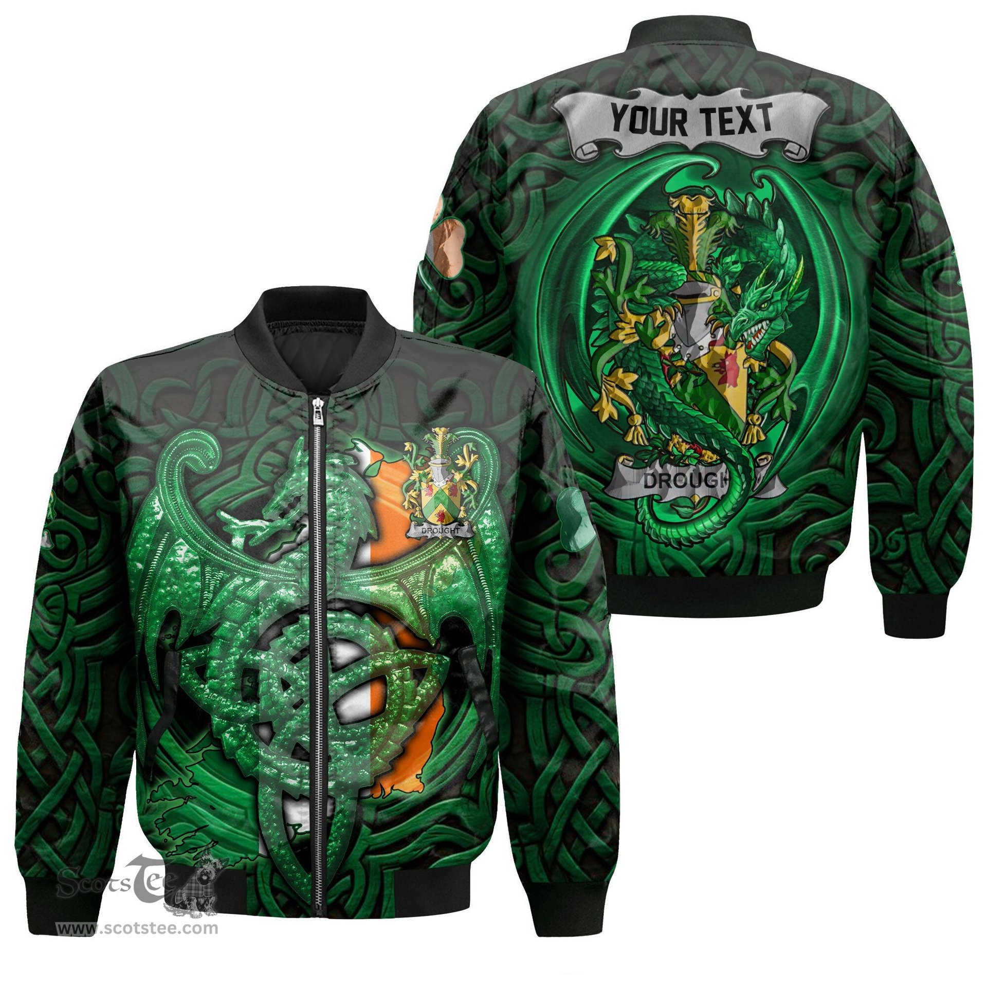 ScotsTee Shop Irish Drought Coat of Arms Irish Jacket Family Crest Green Dragon Of Ireland Bomber Jacket