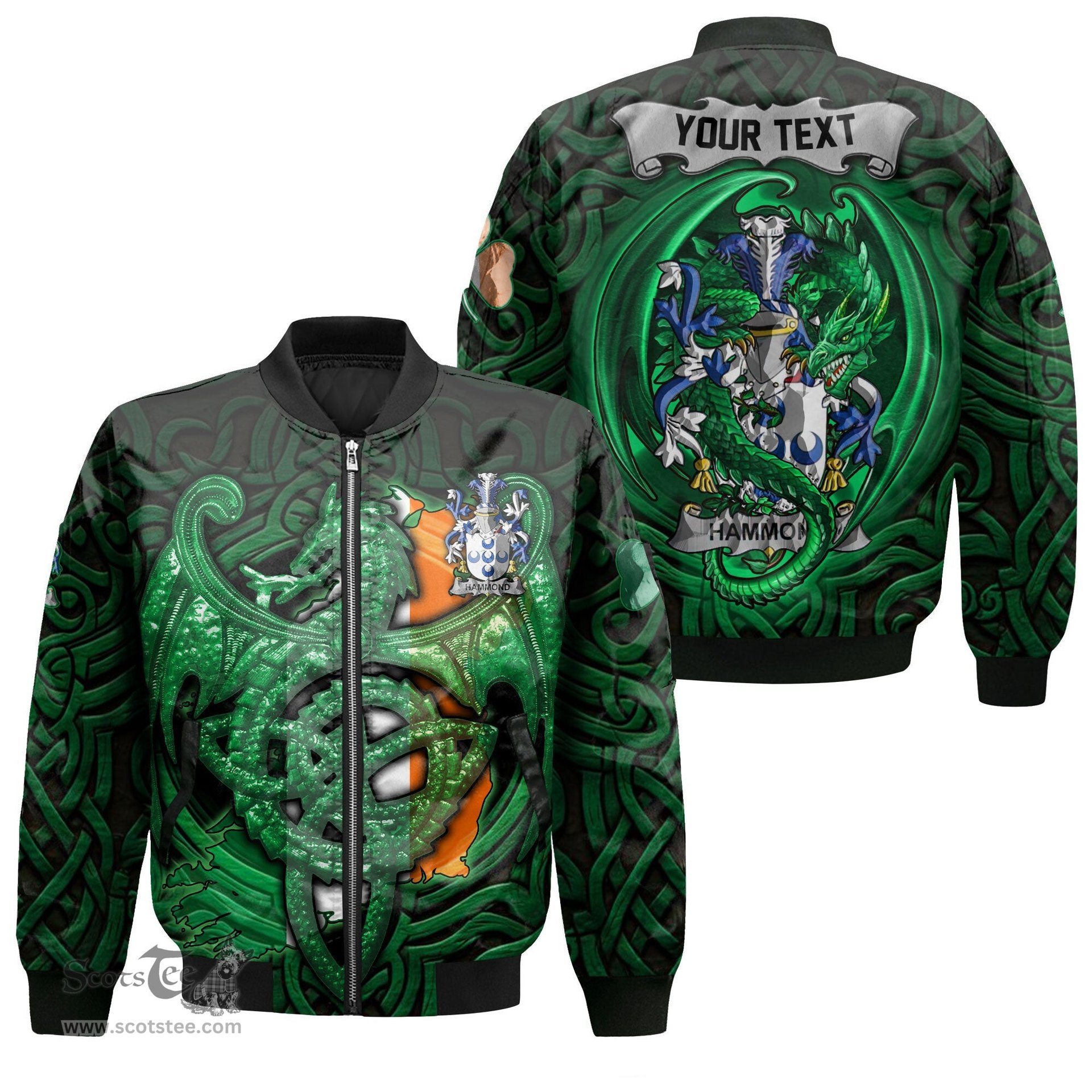 ScotsTee Shop Irish Hammond Coat of Arms Irish Jacket Family Crest Green Dragon Of Ireland Bomber Jacket