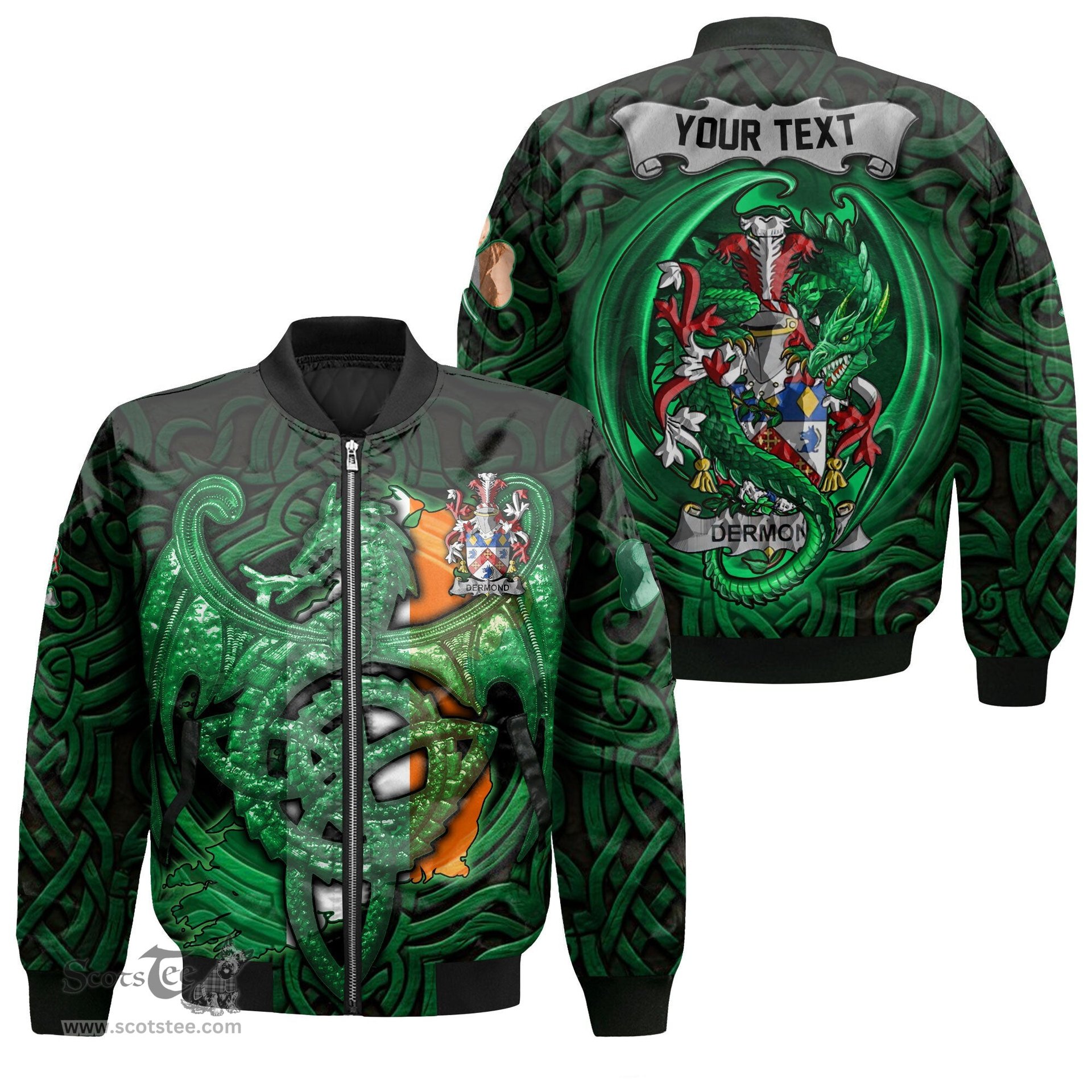 ScotsTee Shop Irish Dermond or O Dermond Coat of Arms Irish Jacket Family Crest Green Dragon Of Ireland Bomber Jacket