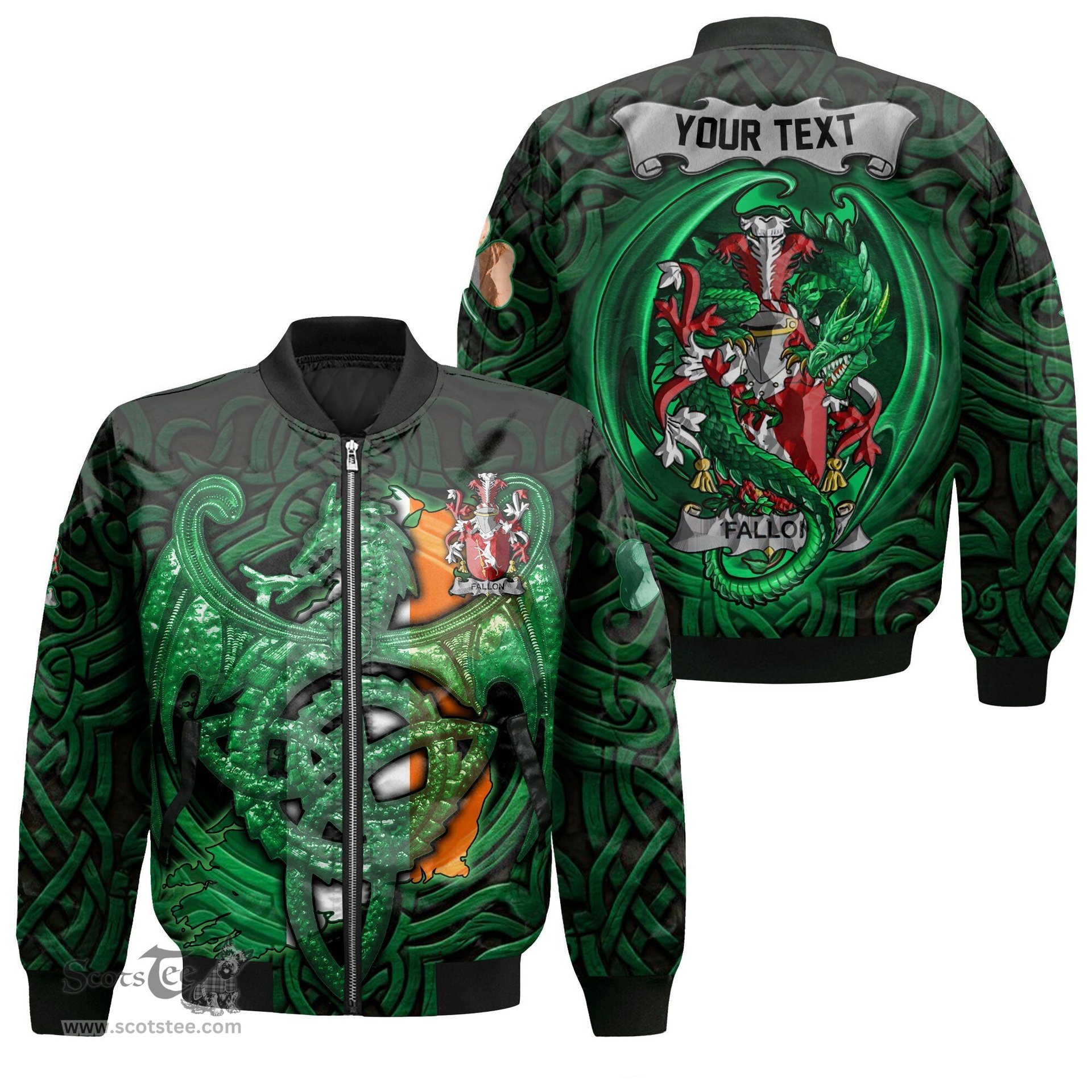ScotsTee Shop Irish Fallon or O Fallon Coat of Arms Irish Jacket Family Crest Green Dragon Of Ireland Bomber Jacket