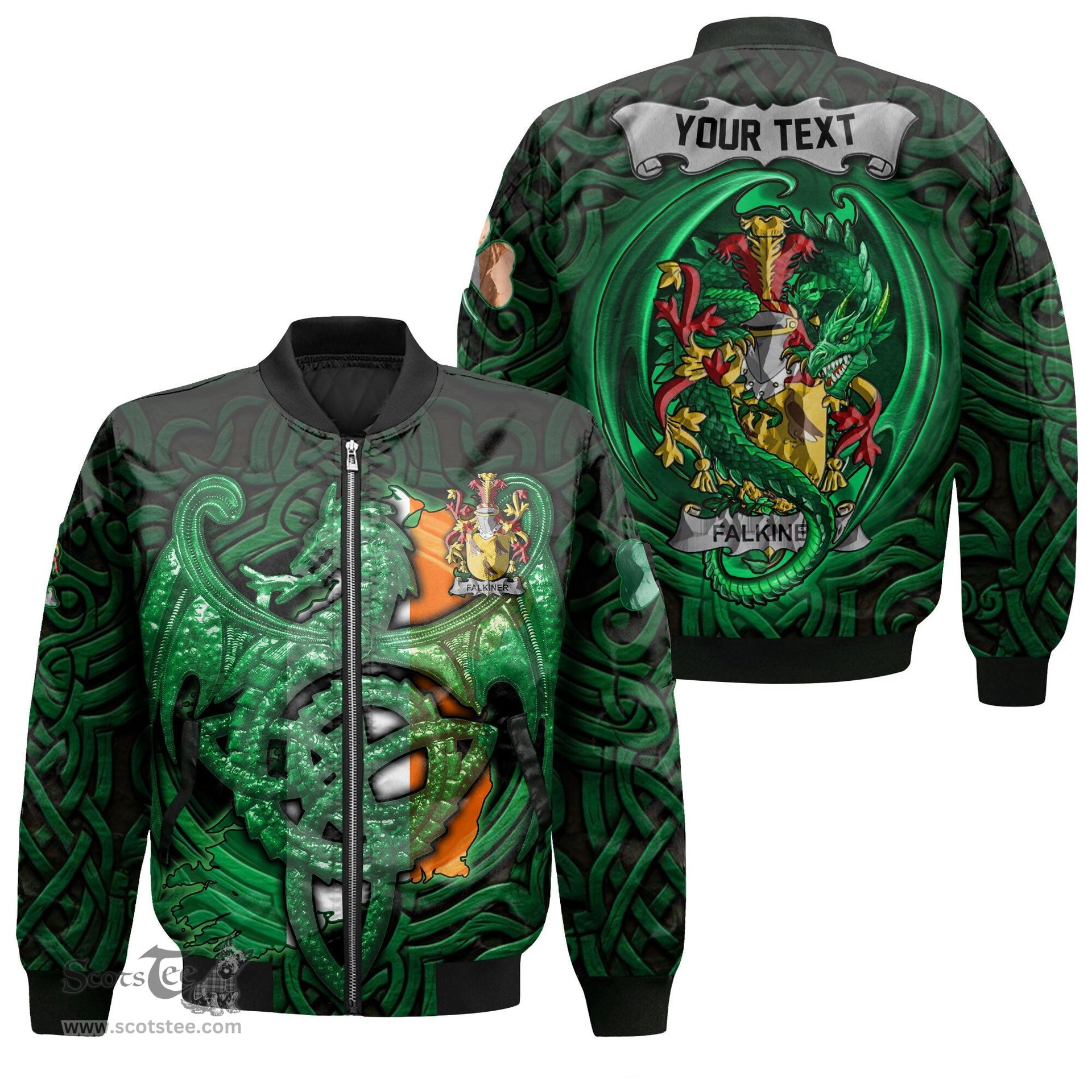 ScotsTee Shop Irish Falkiner Coat of Arms Irish Jacket Family Crest Green Dragon Of Ireland Bomber Jacket
