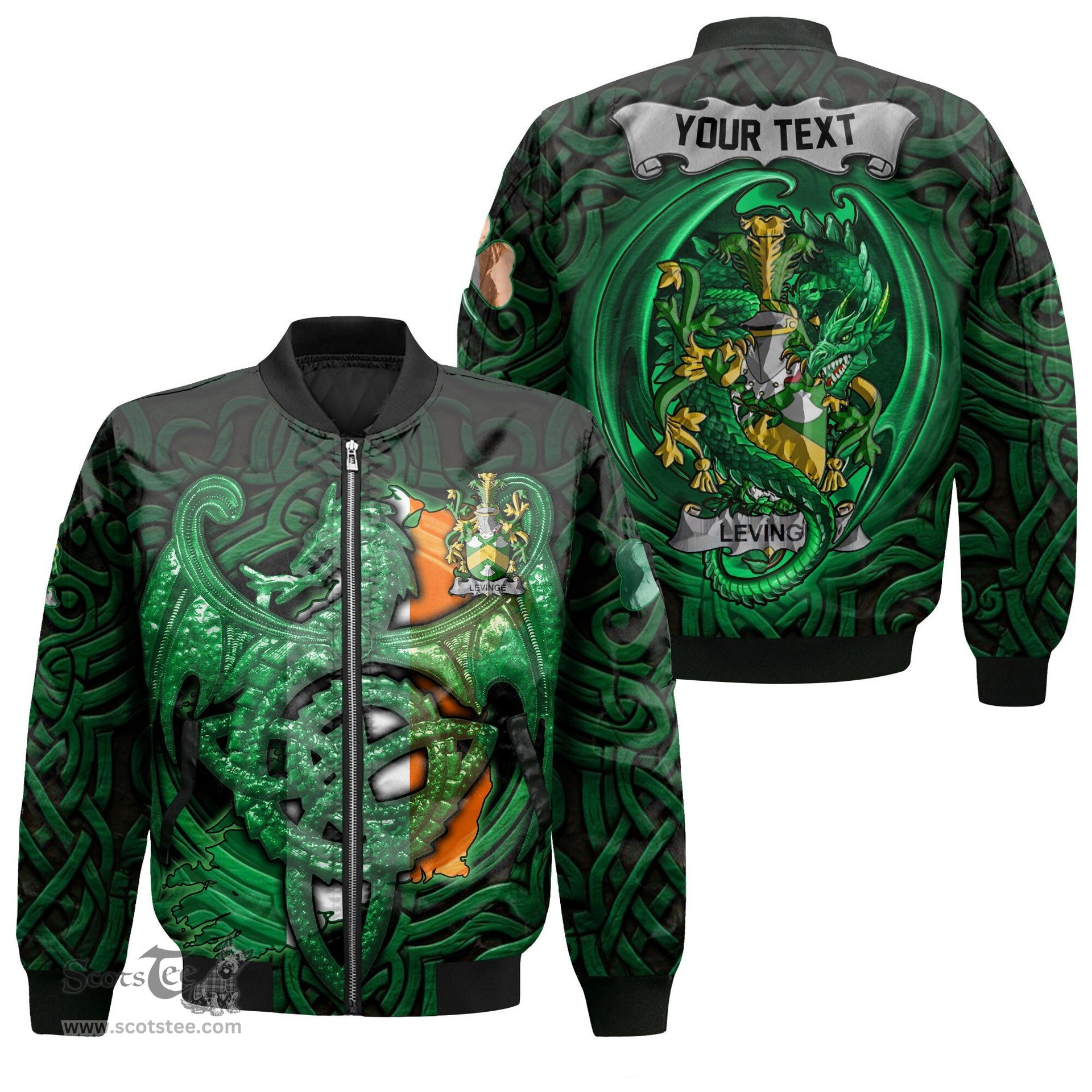ScotsTee Shop Irish Levinge or Levens Coat of Arms Irish Jacket Family Crest Green Dragon Of Ireland Bomber Jacket