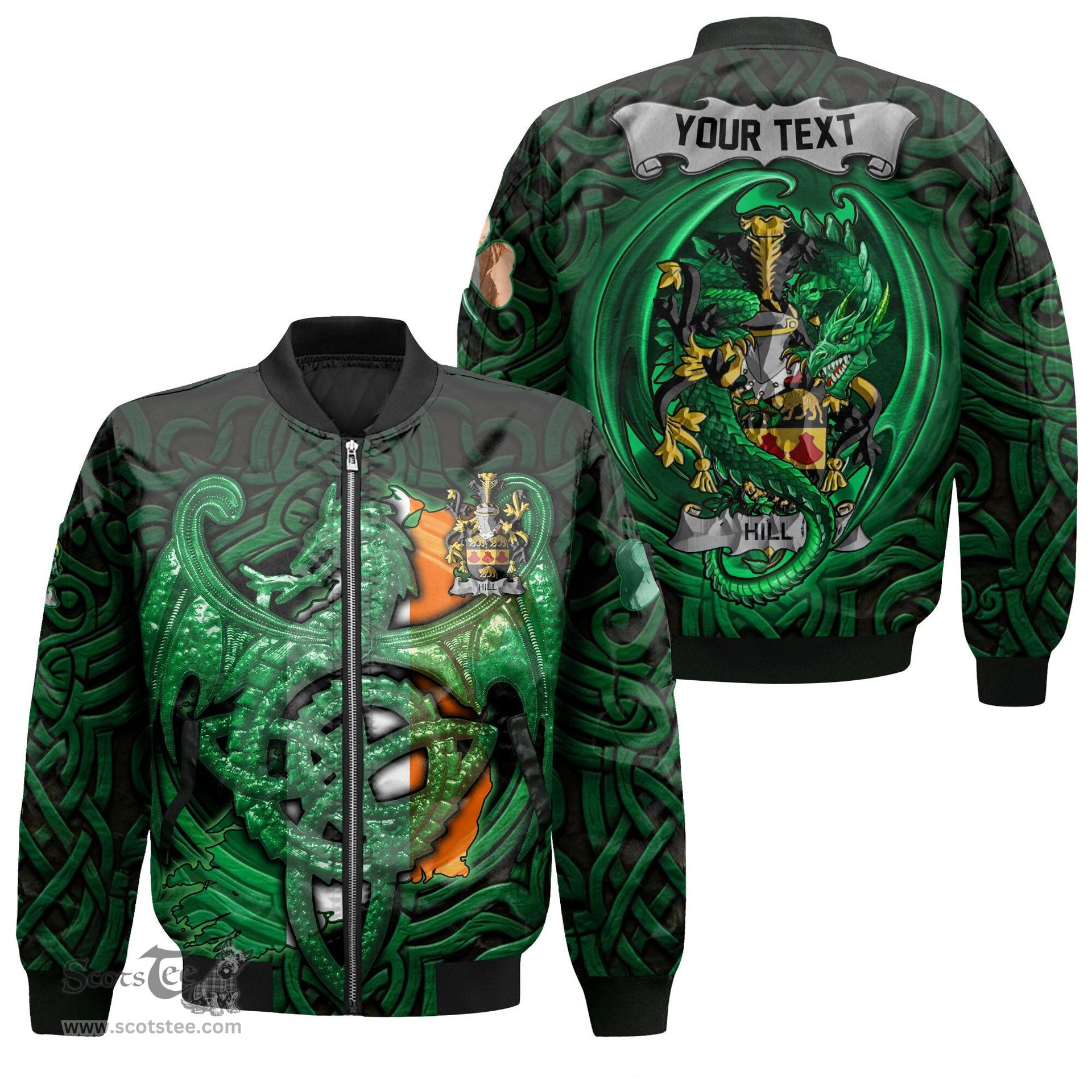 ScotsTee Shop Irish Hill Coat of Arms Irish Jacket Family Crest Green Dragon Of Ireland Bomber Jacket