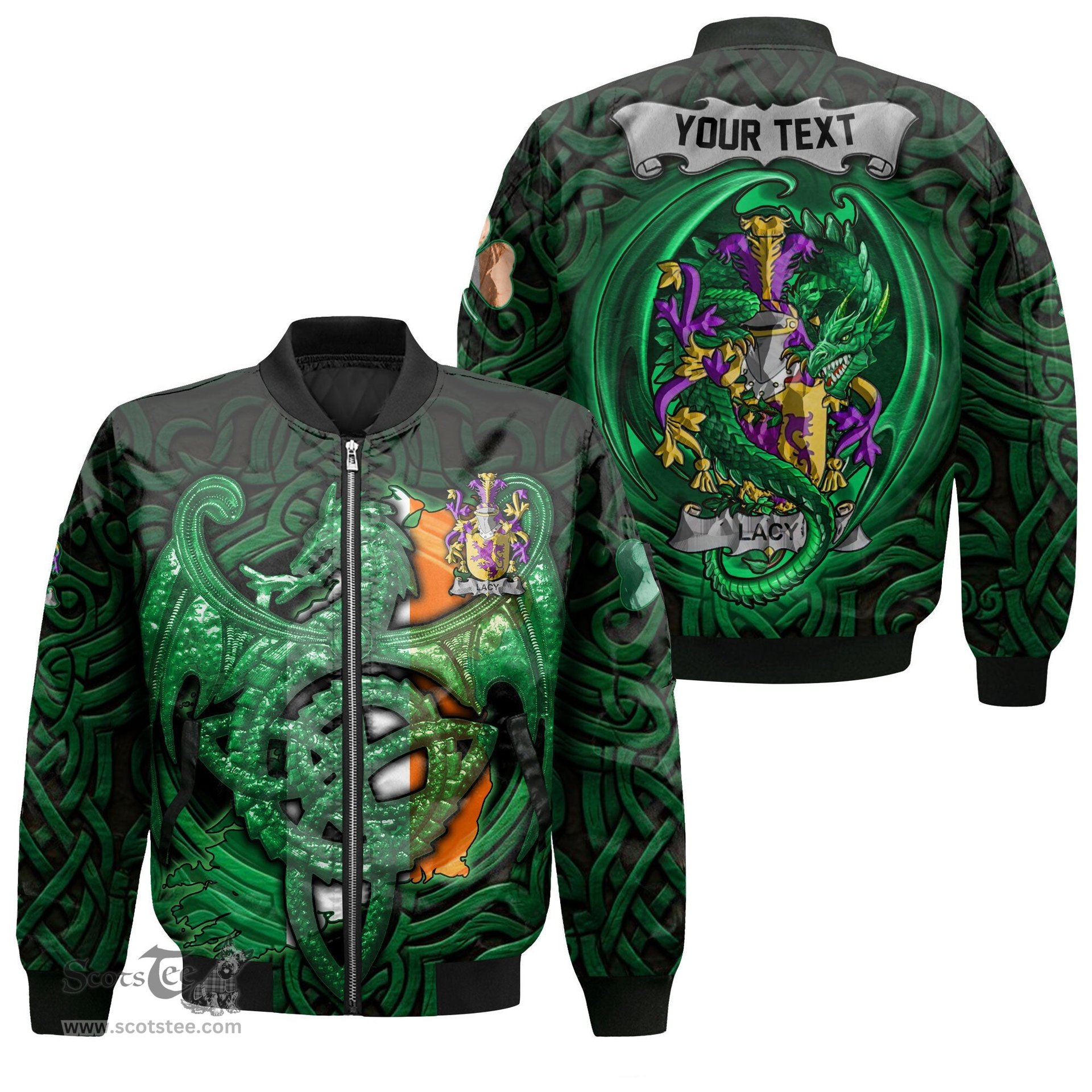 ScotsTee Shop Irish Lacy or De Lacy Coat of Arms Irish Jacket Family Crest Green Dragon Of Ireland Bomber Jacket